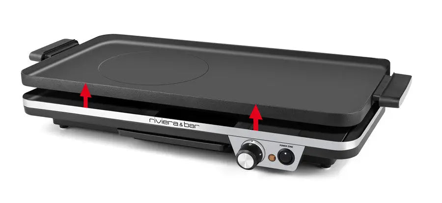 Plancha électrique noire avec deux flèches rouges pointant vers le haut.