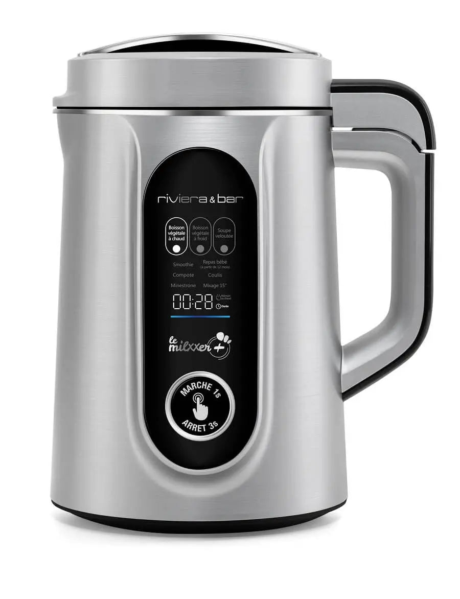 Le riviera&bar Milxxer+ est une machine à soupe électrique en acier inoxydable avec une poignée, un écran digital et des boutons de contrôle à l'avant. Profitez des programmes automatiques pour des recettes variées et des options chaud et froid pour une utilisation polyvalente.