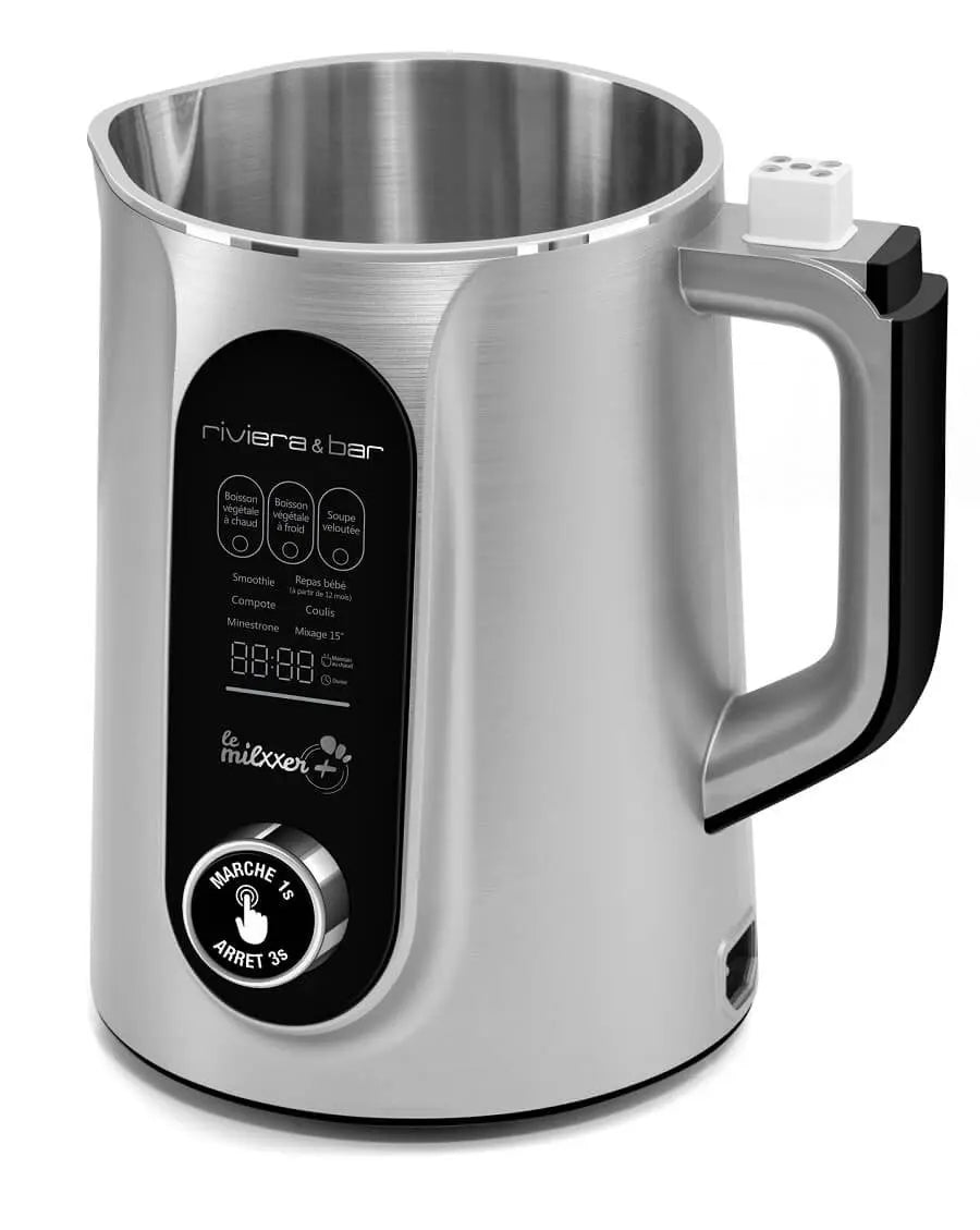 Le Milxxer+ de riviera&bar est un mousseur à lait électrique en acier inoxydable avec un panneau de contrôle numérique, une poignée et un écran LED. Il offre des options chaudes et froides ainsi que des programmes automatiques pour des boissons parfaites à chaque fois.