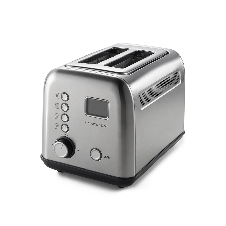 Le riviera&bar Grille-pain automatique est un grille-pain à deux tranches en acier inoxydable avec des commandes numériques, des boutons ronds, un écran LCD et des évents latéraux, représentés sur un fond blanc.