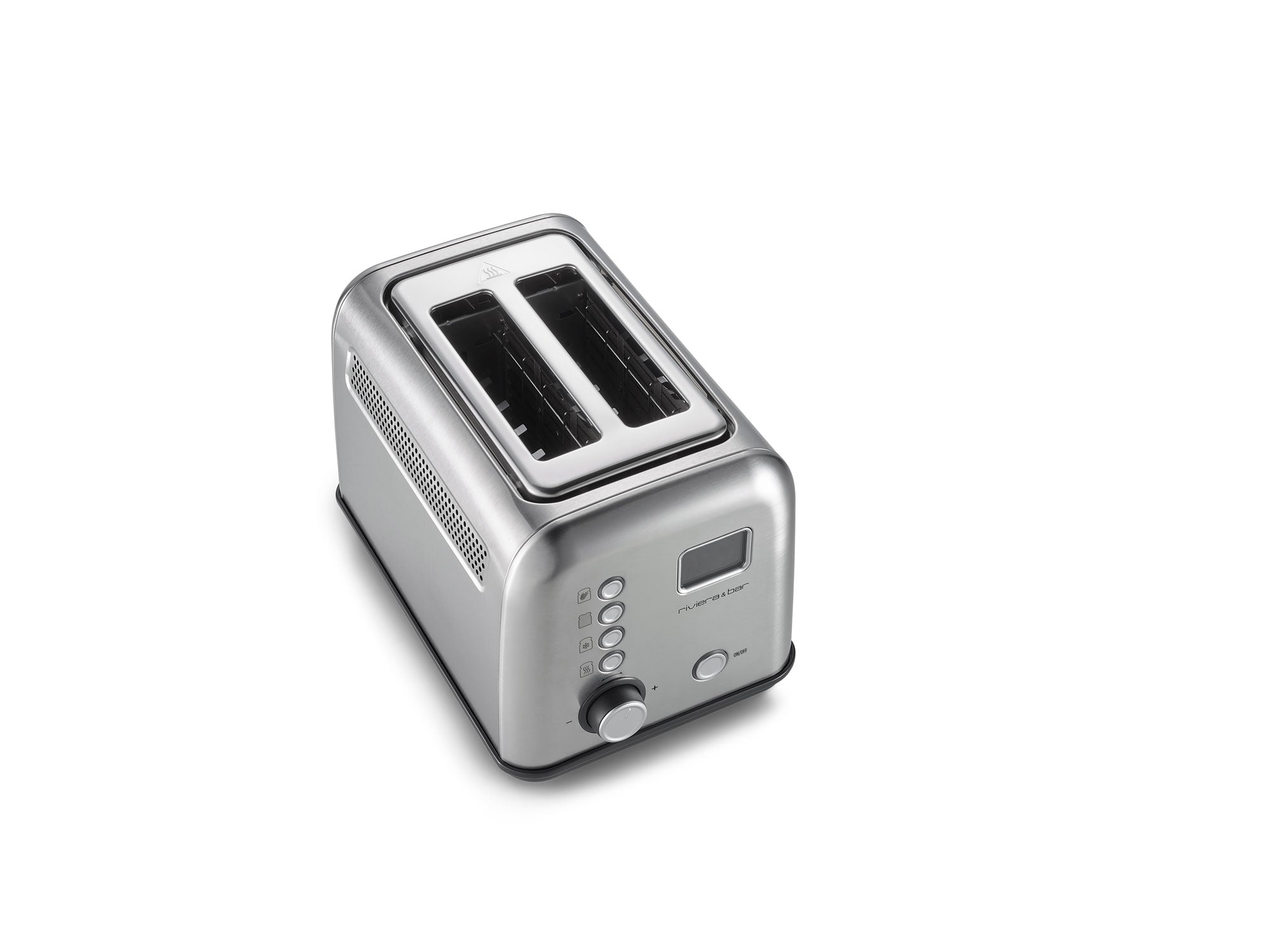 Le riviera&bar Grille-pain automatique est un grille-pain à deux fentes en acier inoxydable avec un écran LCD, des boutons de contrôle et une molette, représentés sur un fond blanc.