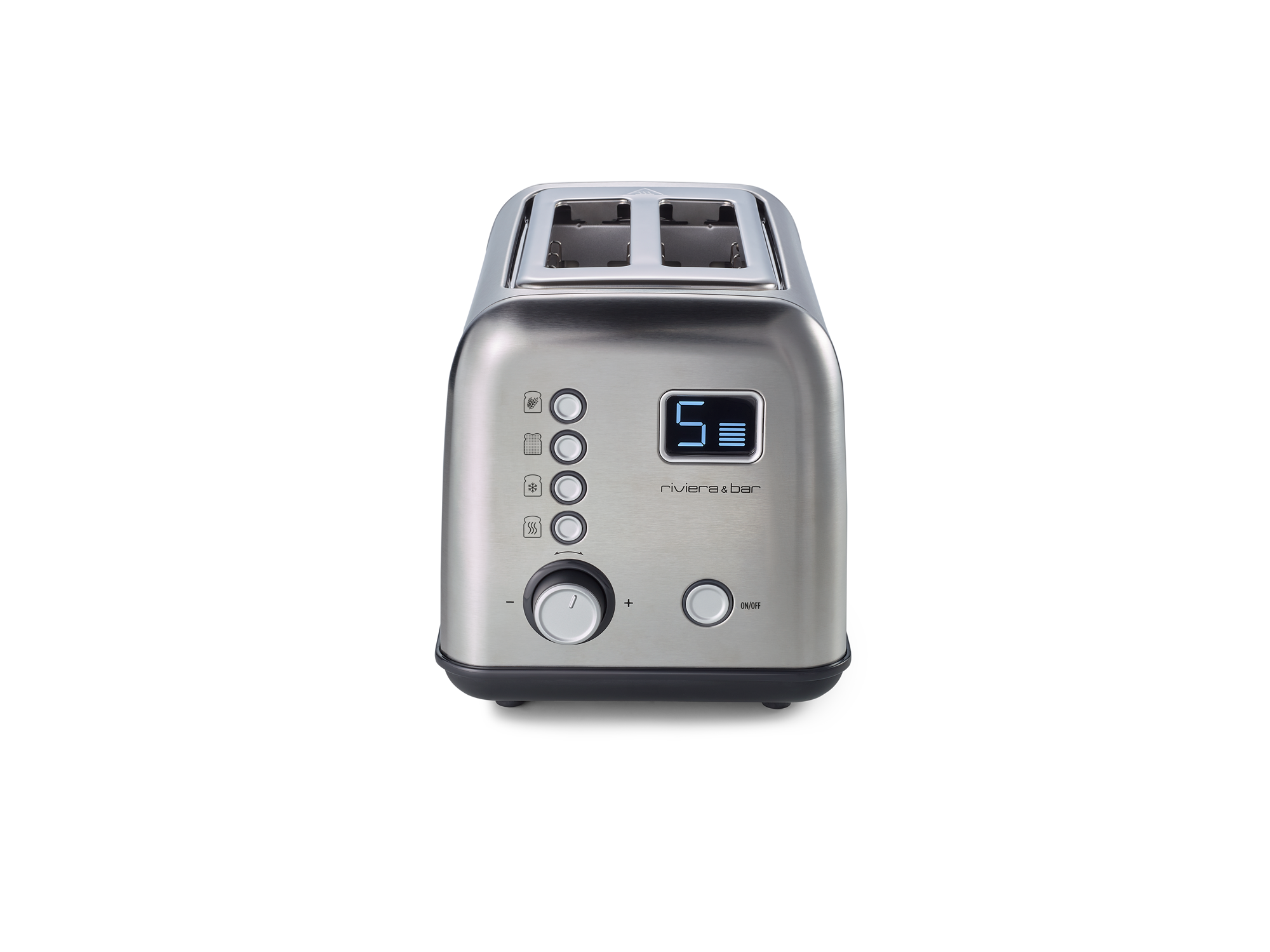 Un riviera&bar Grille-pain automatique en acier inoxydable avec deux fentes, plusieurs boutons, un cadran frontal rond et un écran LCD affichant "5", est présenté sur un fond blanc.