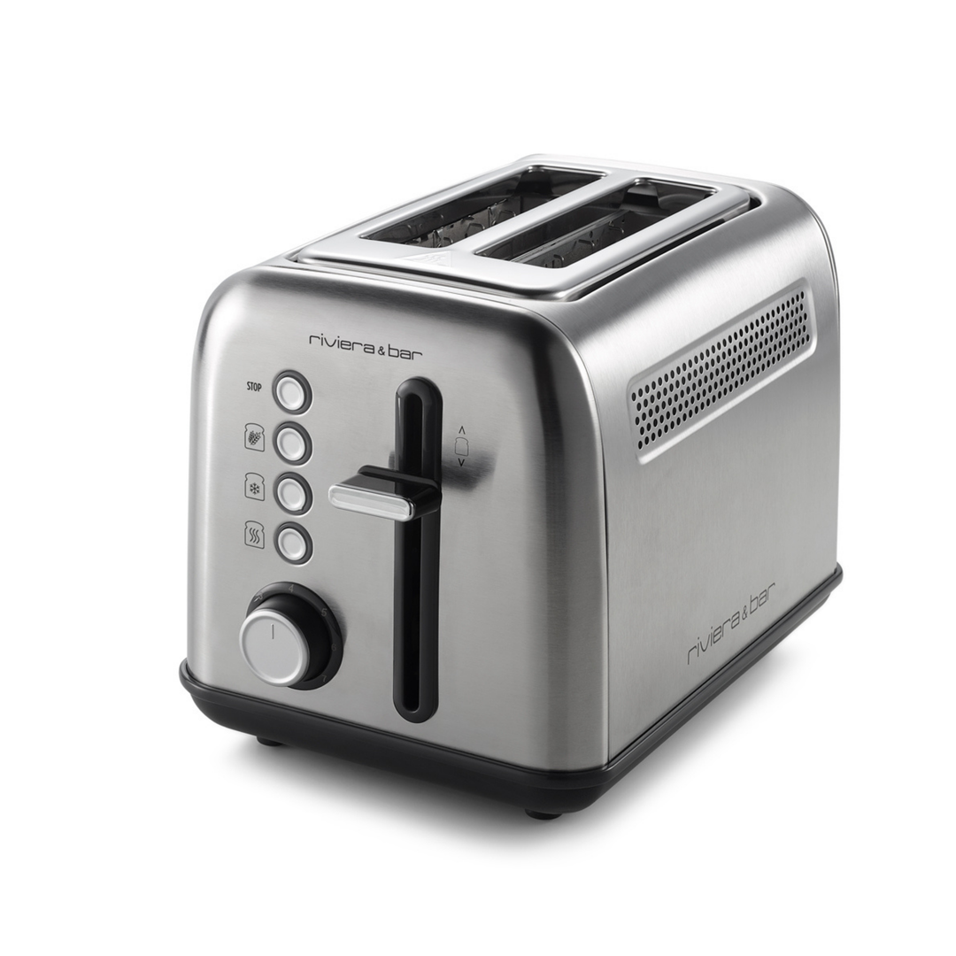 Le grille-pain inox QGP220 de riviera&bar, à 2 fentes courtes, propose boutons de contrôle, réglage du brunissage et levier frontal. Présenté sur fond blanc, la marque "riviera&bar" figure sur le corps du grille-pain.