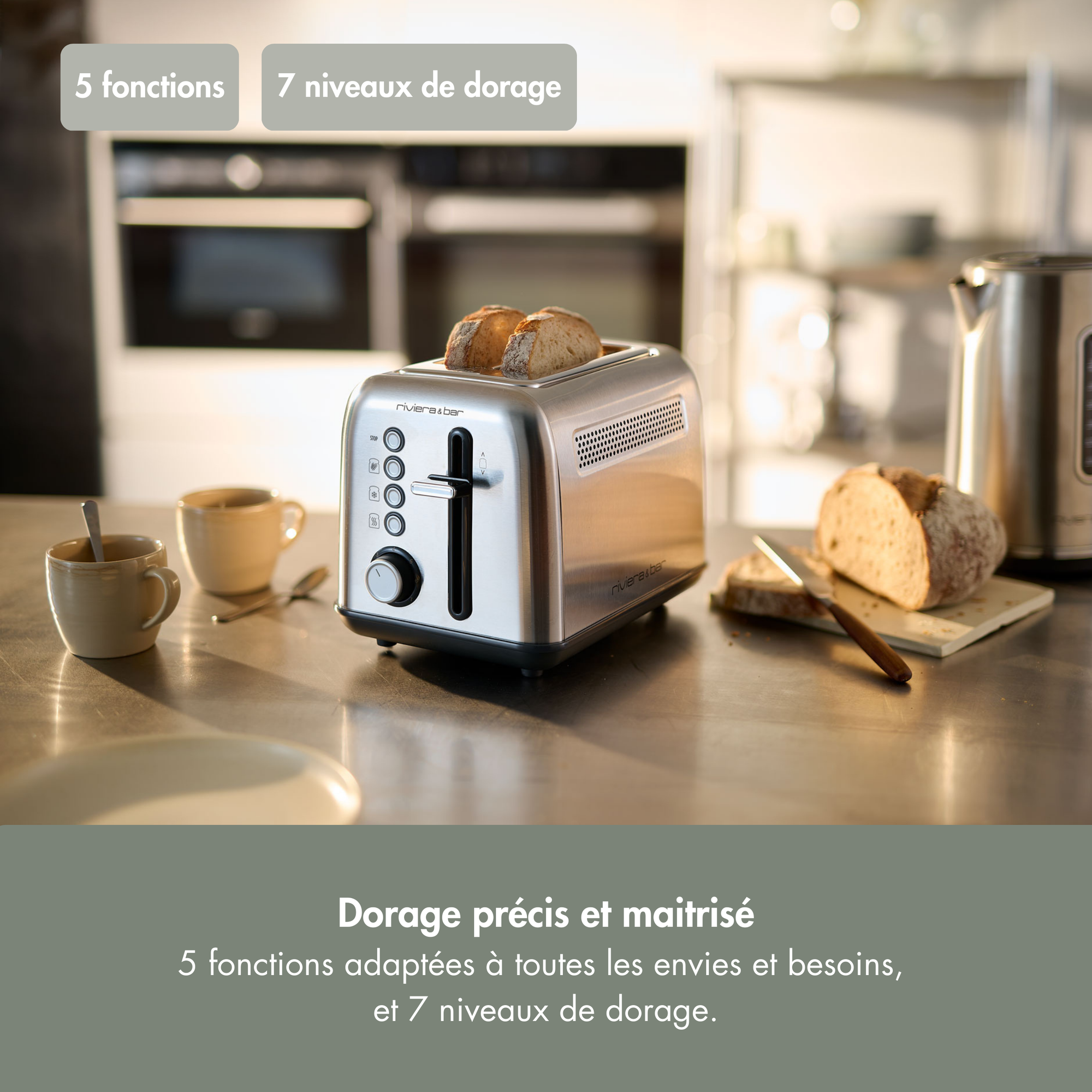 Le grille-pain inox QGP220 riviera&bar à 2 fentes courtes, avec 5 fonctions et 7 niveaux de brunissage, sublime votre comptoir pour un toast parfait.