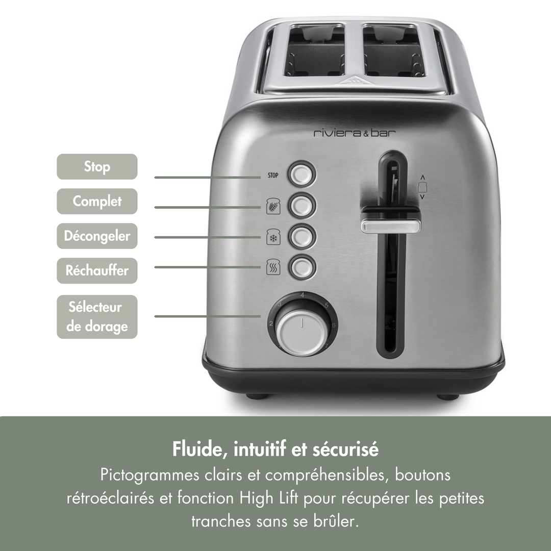 La riviera&bar Grille-pain inox QGP220 présente une finition argent inox brossé, quatre boutons étiquetés pour les fonctions d'arrêt, de décongélation, de réchauffage, un bouton de sélection de brunissement, et un design 2 fentes courtes intuitif avec niveaux de brunissage sécurisés.