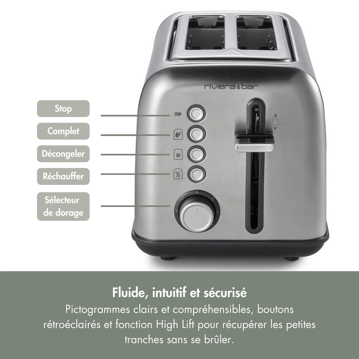 La riviera&bar Grille-pain inox QGP220 présente une finition argent inox brossé, quatre boutons étiquetés pour les fonctions d'arrêt, de décongélation, de réchauffage, un bouton de sélection de brunissement, et un design 2 fentes courtes intuitif avec niveaux de brunissage sécurisés.