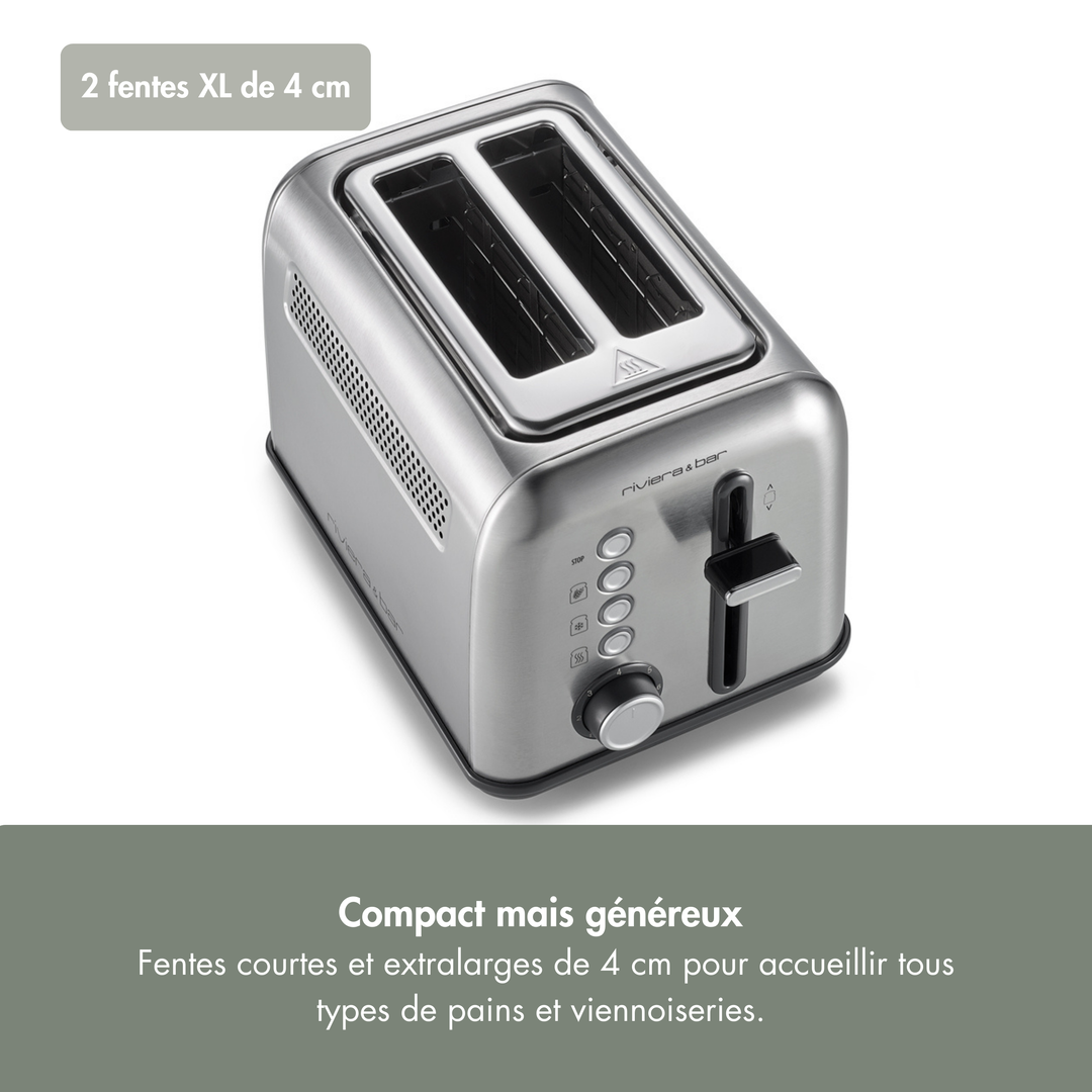 Le grille-pain inox QGP220 riviera&bar est un modèle 2 fentes courtes de 4 cm, doté de boutons de contrôle, présenté sur fond gris avec texte français expliquant ses niveaux de brunissage pour pains et viennoiseries.