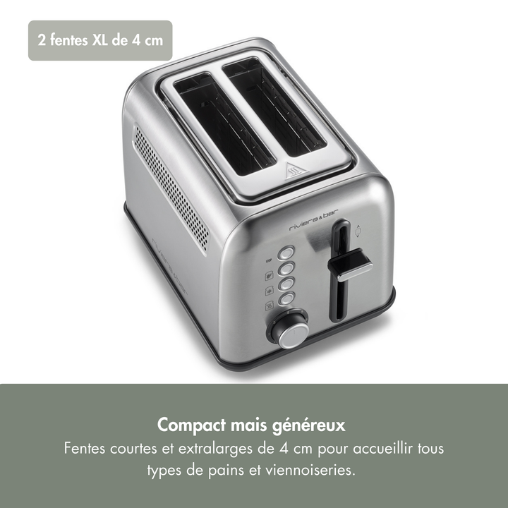 Le grille-pain inox QGP220 riviera&bar est un modèle 2 fentes courtes de 4 cm, doté de boutons de contrôle, présenté sur fond gris avec texte français expliquant ses niveaux de brunissage pour pains et viennoiseries.