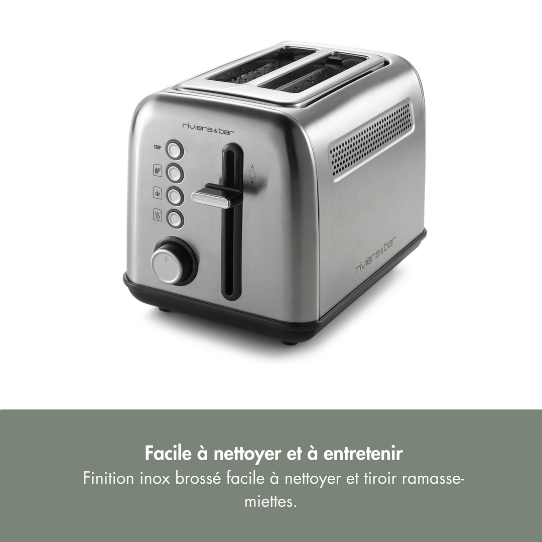Le riviera&bar Grille-pain inox QGP220 dispose de deux fentes courtes, de boutons de contrôle, d'un levier et d'un plateau à miettes. Représenté sur un fond blanc avec un texte en français en dessous soulignant sa finition en acier inoxydable brossé facile à nettoyer et ses multiples niveaux de brunissement.