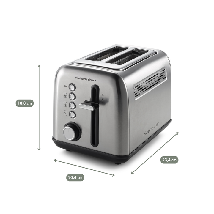 La Grille-pain inox QGP220 de riviera&bar comprend deux fentes courtes, quatre boutons, un levier latéral, et une finition inox brossé avec brunissement réglable. Dimensions : 18,8 x 20,4 x 23,4 cm ; marque "riviera&bar" visible.