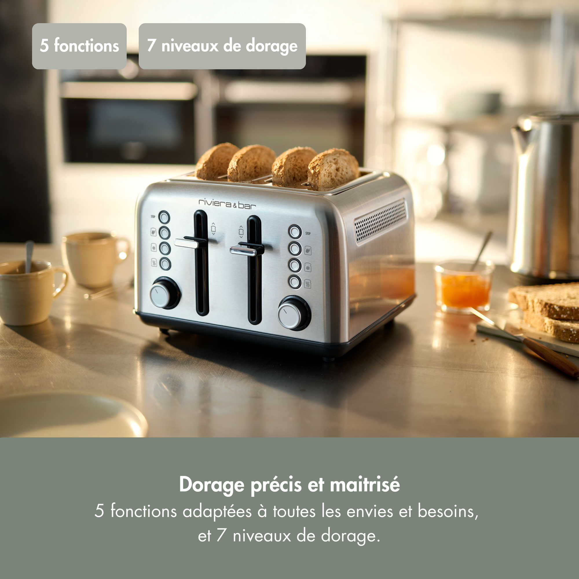 Le grille-pain 4 fentes courtes riviera&bar en inox, avec commande indépendante, permet de dorer 4 tranches à la fois. Il offre 5 fonctions et 7 niveaux de dorage, indiqués en français sur le panneau de commande.