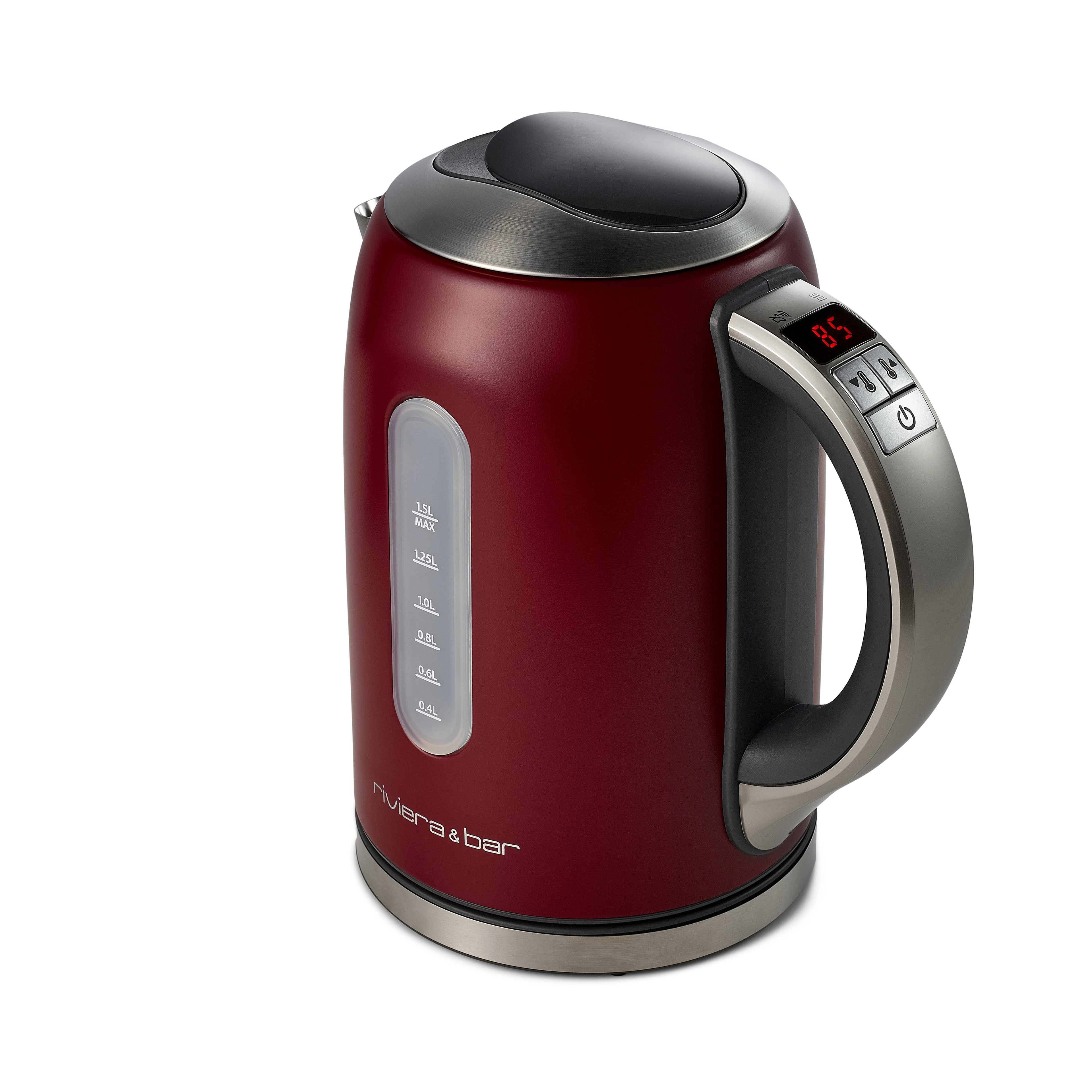 La Bouilloire Mila Deep Red 1.5L de riviera&bar a un couvercle noir, une poignée argentée, un affichage digital de la température avec thermostat, des marques de niveau d'eau, et un marquage discret près de la base pour un look élégant et moderne.