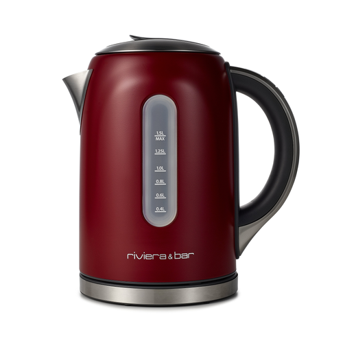 La riviera&bar Bouilloire Mila en rouge profond (1.5L) est dotée d'une poignée noire, d'une base argentée, d'un indicateur de niveau d'eau transparent, d'un nom de marque à l'avant et d'un thermostat réglable pour un chauffage précis.