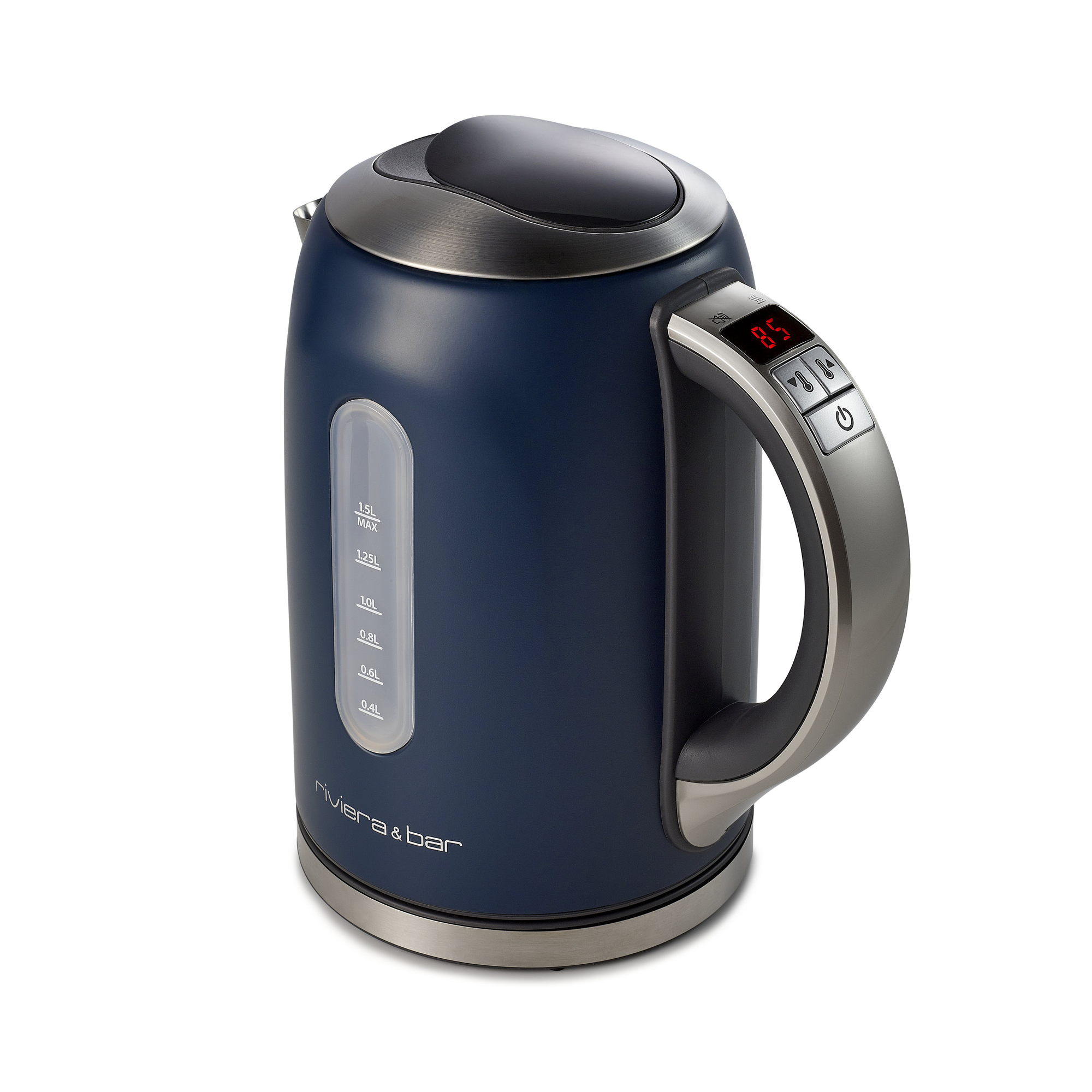 La Bouilloire Mila Bleu Gris 1.5L de riviera&bar dispose d'une poignée argentée, d'une fenêtre de niveau d'eau et d'un affichage digital - idéal pour préparer le thé avec précision.