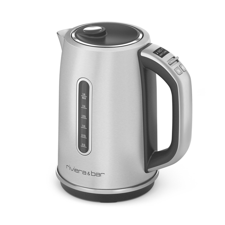 La bouilloire Elea inox 1,8L de riviera&bar dispose d'une poignée noire avec boutons de contrôle, indicateur de niveau d'eau transparent et température variable pour une parfaite expérience de préparation.