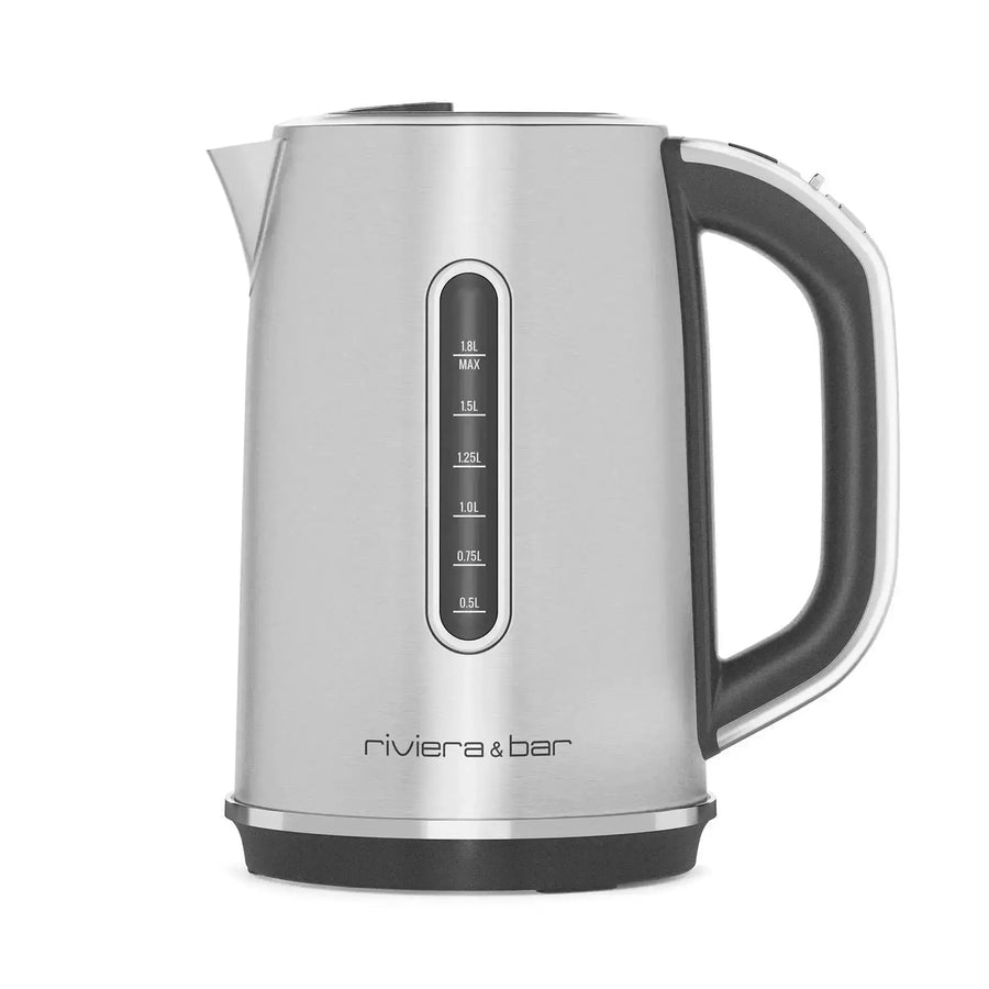 La Bouilloire Elea - Inox (1,8 L) de riviera&bar, avec une poignée noire, un indicateur de niveau d'eau et un contrôle de la température variable, est présentée sur un fond blanc uni.