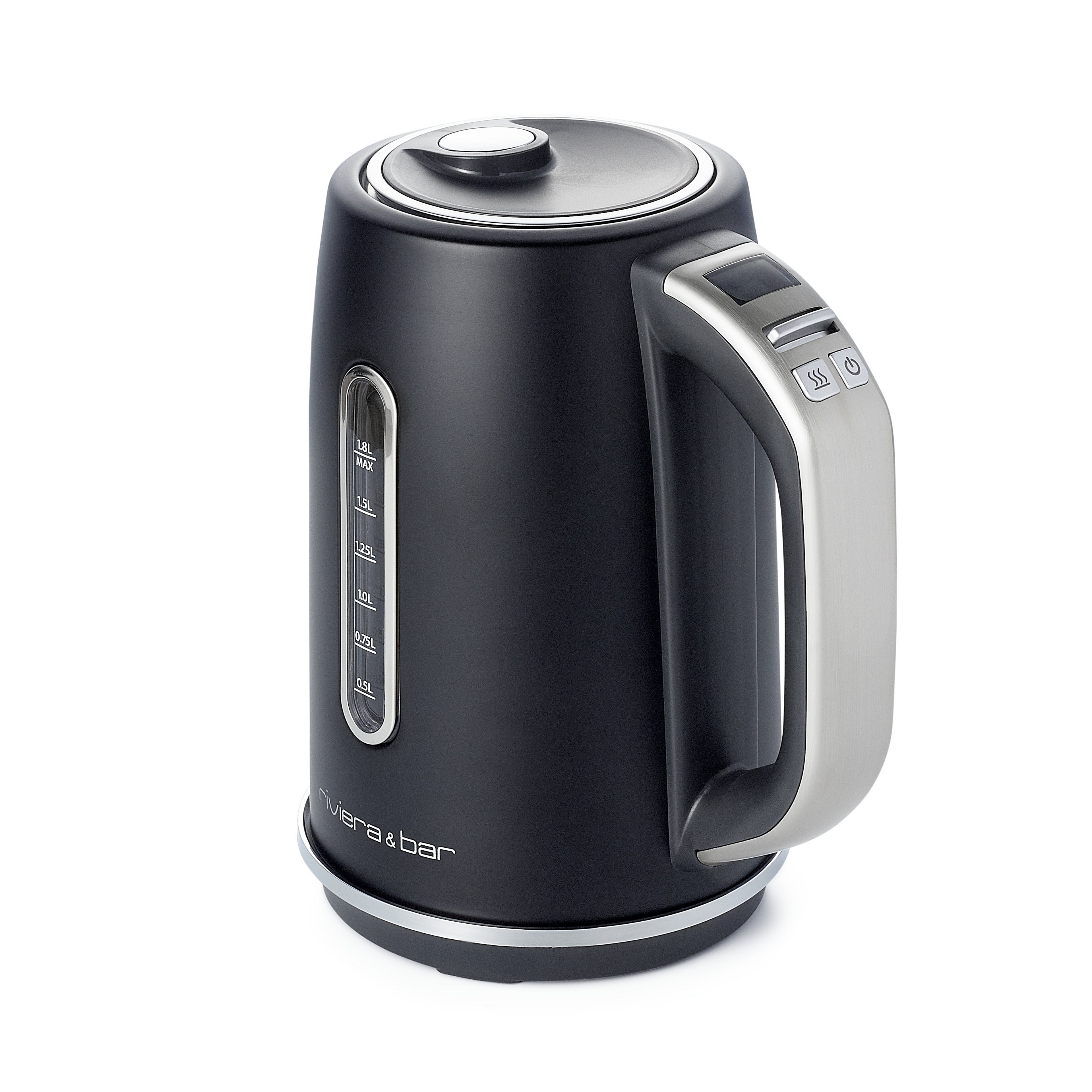 La Bouilloire Alma | Black Satin | 1,8L de riviera&bar est une élégante bouilloire électrique noire avec poignée et couvercle argentés, marquage du niveau d'eau, thermostat réglable, boutons de contrôle sur la poignée, présentée sur un fond blanc.