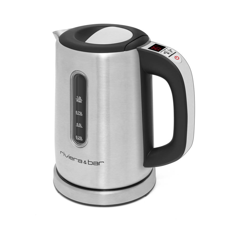 La bouilloire Ella - Inox (1 L) de riviera&bar possède une poignée et un couvercle noirs, un indicateur du niveau d'eau, température réglable via affichage digital et boutons sur la base. Marque imprimée sur le côté.