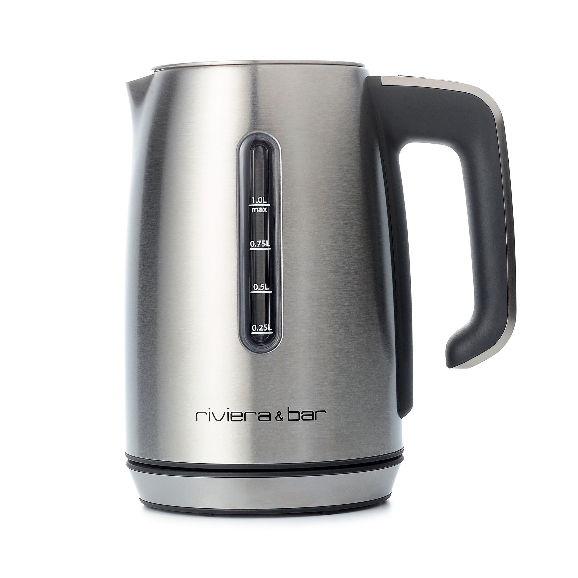 La Bouilloire Lila - Inox (1L) de rb-Exclurb-Exclu se caractérise par un corps en acier inoxydable, une poignée noire, un indicateur de niveau d'eau et le maintien au chaud. Le nom de la marque se trouve sur la partie inférieure de la face avant. Il est affiché sur un fond blanc.