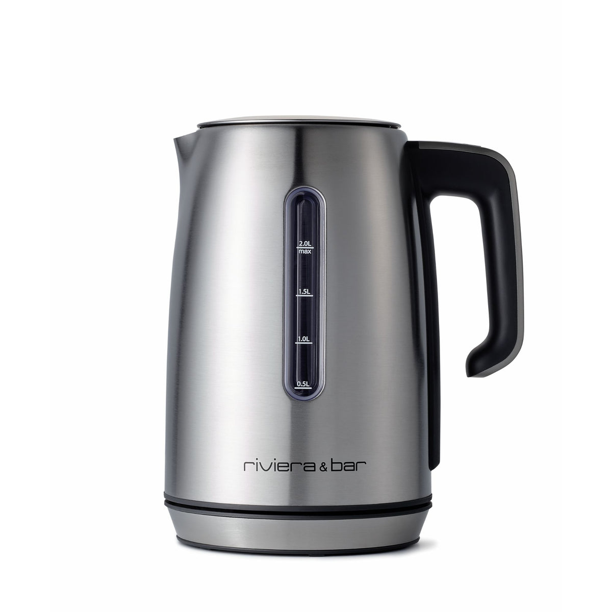 Bouilloire électrique « Lola » de Riviera & Bar | Inox | 2 L, en acier inoxydable avec une poignée noire et un indicateur de niveau d'eau sur le côté, dotée de réglages de température ajustables, présentée sur fond blanc.