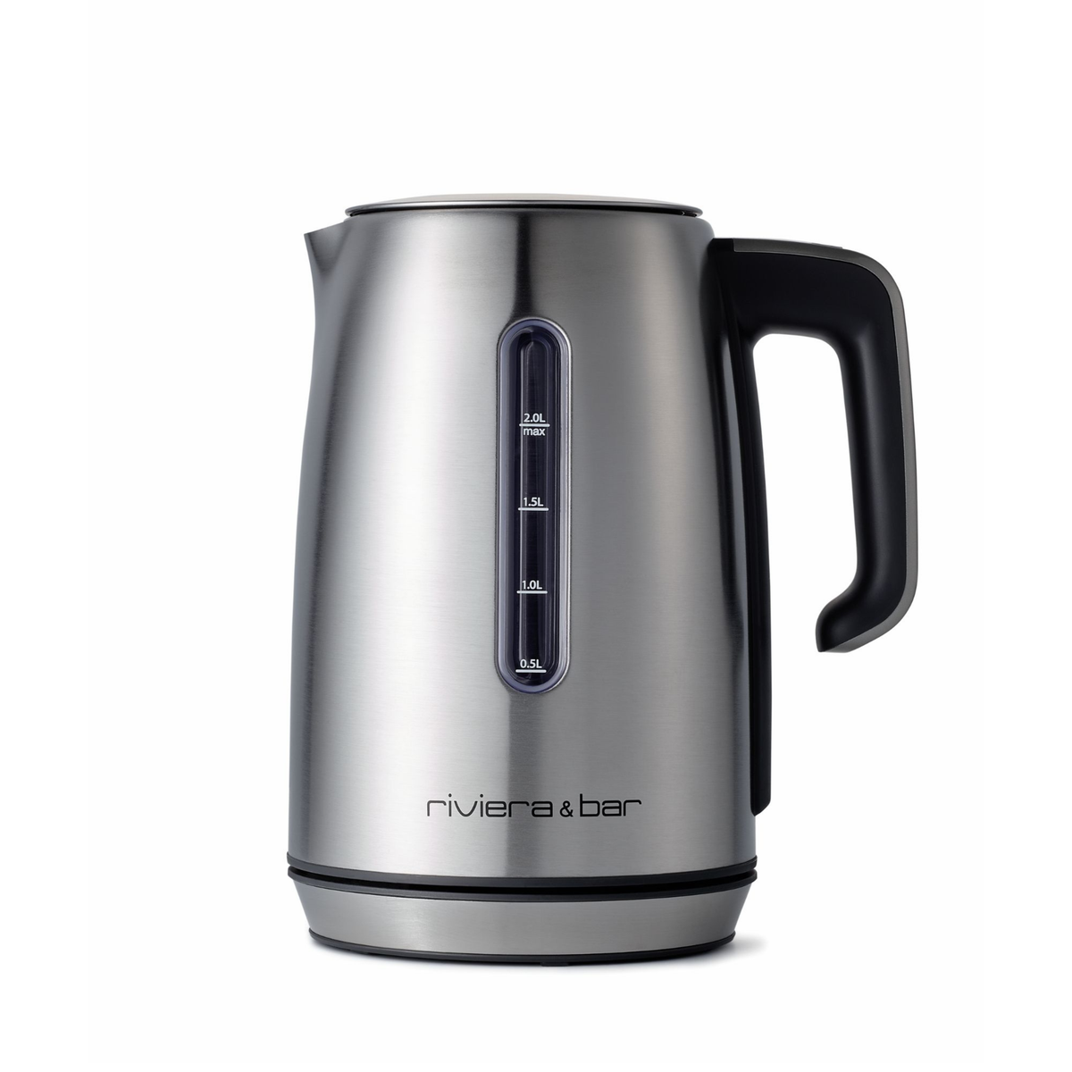 Bouilloire électrique « Lola » de Riviera & Bar | Inox | 2 L, en acier inoxydable avec une poignée noire et un indicateur de niveau d'eau sur le côté, dotée de réglages de température ajustables, présentée sur fond blanc.