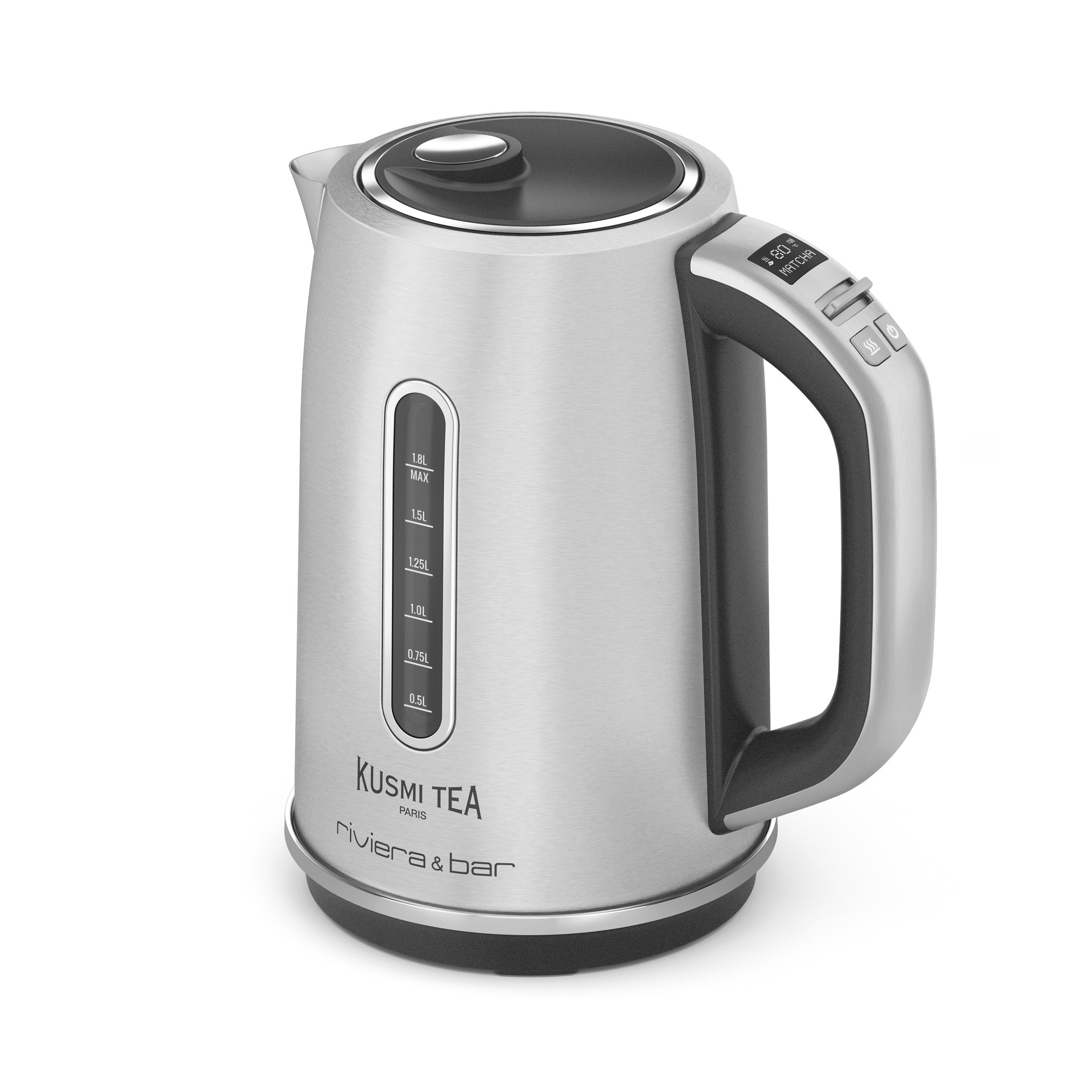 La Bouilloire Elia de riviera&bar, en inox 1,8L, dispose d'une poignée noire, d'un indicateur de niveau d'eau transparent et de commandes digitales. Profitez de sa grande capacité et de ses 10 programmes pratiques.