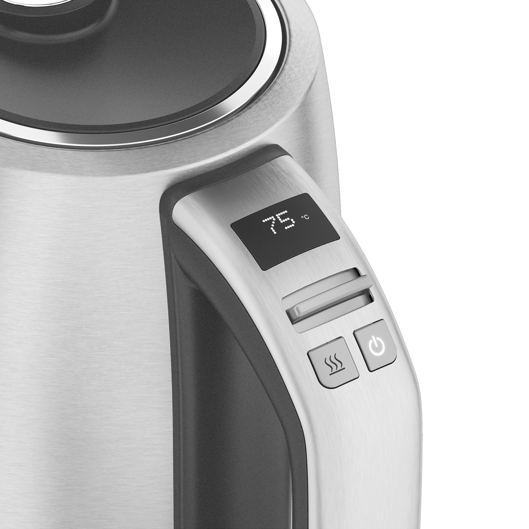 Gros plan sur la poignée de la riviera&bar Bouilloire Elia - Inox (1,8 L) avec une finition satinée, un affichage digital à 75°C, des boutons de température et de puissance, ainsi que des programmes spéciaux Kusmi Tea.