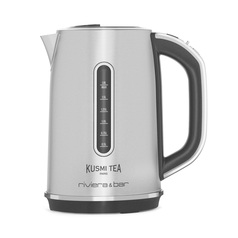 La Bouilloire Elia - Inox (1,8 L) riviera&bar, avec poignée noire et fenêtre de niveau d'eau, arbore "Kusmi Tea Paris" et est idéale pour les programmes Kusmi Tea.