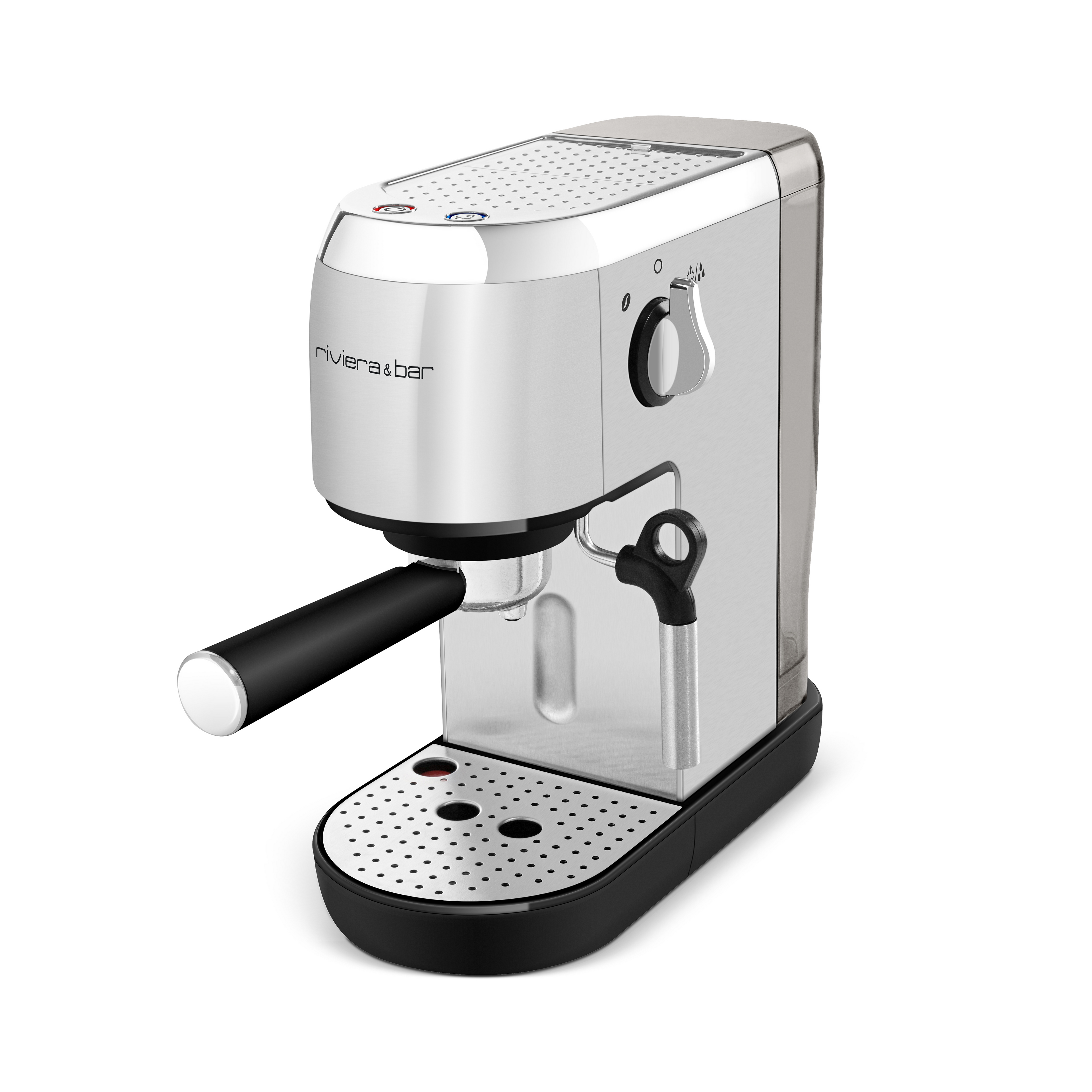 Un riviera&bar Expresso Compact Manuel, fabriqué en acier inoxydable avec une poignée pour le portafiltre, une brosse à vapeur, un plateau d'égouttage et une pompe à 19 bars pour un café moulu espresso riche, est montré sur un fond blanc.