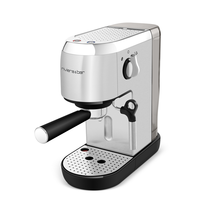 Un riviera&bar Expresso Compact Manuel, fabriqué en acier inoxydable avec une poignée pour le portafiltre, une brosse à vapeur, un plateau d'égouttage et une pompe à 19 bars pour un café moulu espresso riche, est montré sur un fond blanc.
