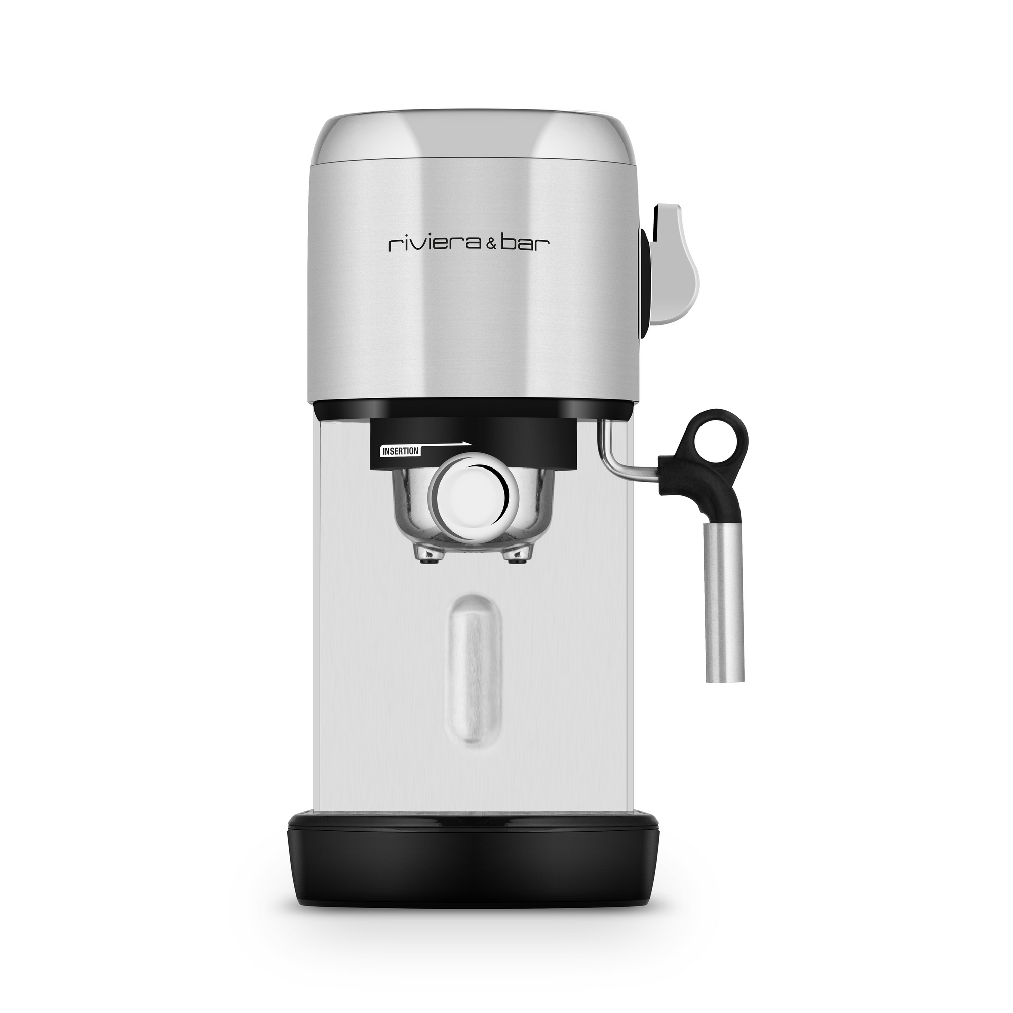 Le riviera&bar Expresso Compact Manuel, en argent et noir, dispose d'une pompe à 19 bars, d'une brosse à vapeur, d'un portafiltre et d'une option café moulu, présentés sur un fond blanc.