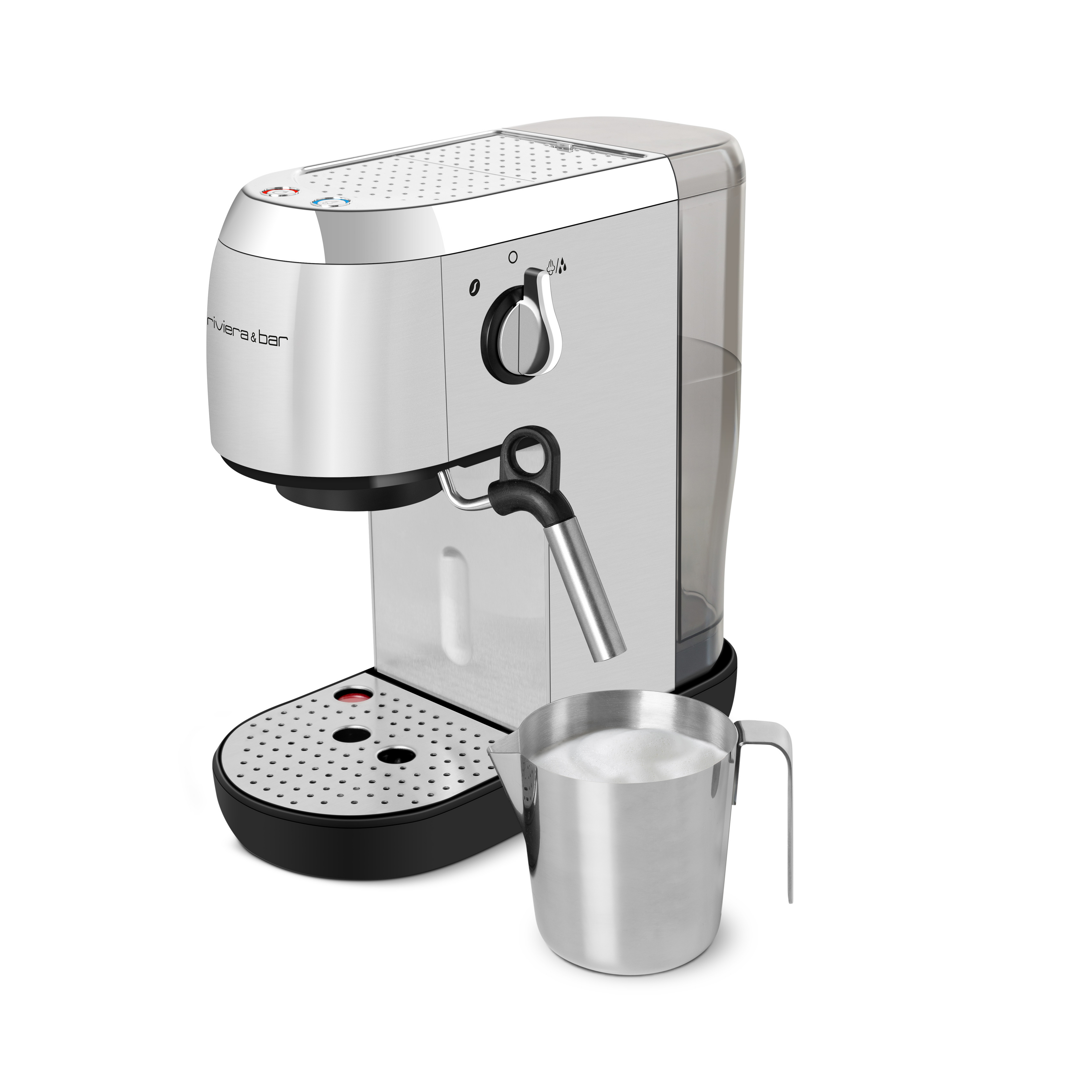 Le riviera&bar Expresso Compact Manuel, une machine manuelle argentée avec une pompe à 19 bars et une lance à vapeur avec des accents noirs, se trouve à côté d'un pichet en acier inoxydable rempli de lait mousseux - parfait pour votre café moulu.