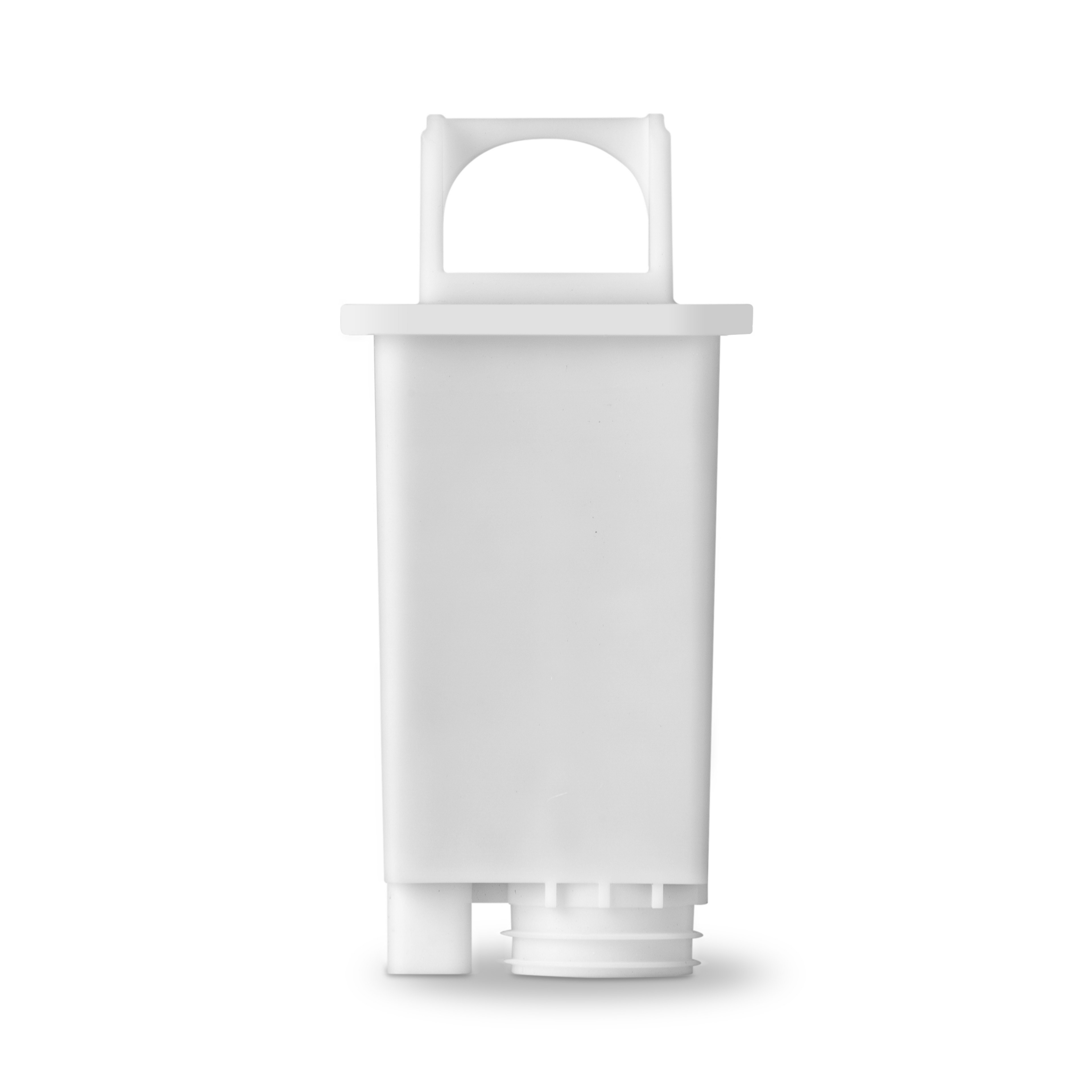 La Cartouche de filtration d'eau riviera&bar est un filtre rectangulaire blanc avec une poignée supérieure et un connecteur fileté inférieur, conçu pour purifier l'eau pour votre machine à espresso. Présentée sur un fond blanc uni.