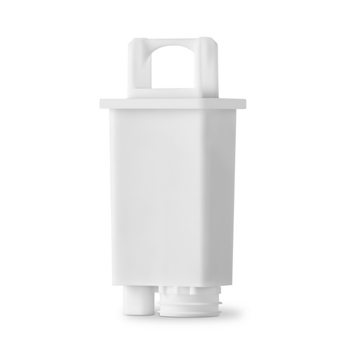 La Cartouche de filtration d'eau riviera&bar est un filtre à eau blanc, rectangulaire avec des côtés plats et une poignée supérieure, conçu pour les machines à expresso, présenté sur un fond blanc uni.