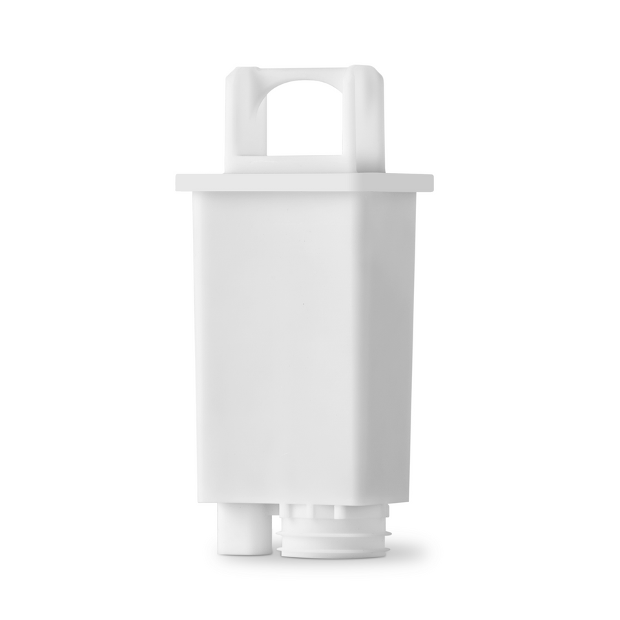 La Cartouche de filtration d'eau riviera&bar est un filtre à eau blanc, rectangulaire avec des côtés plats et une poignée supérieure, conçu pour les machines à expresso, présenté sur un fond blanc uni.