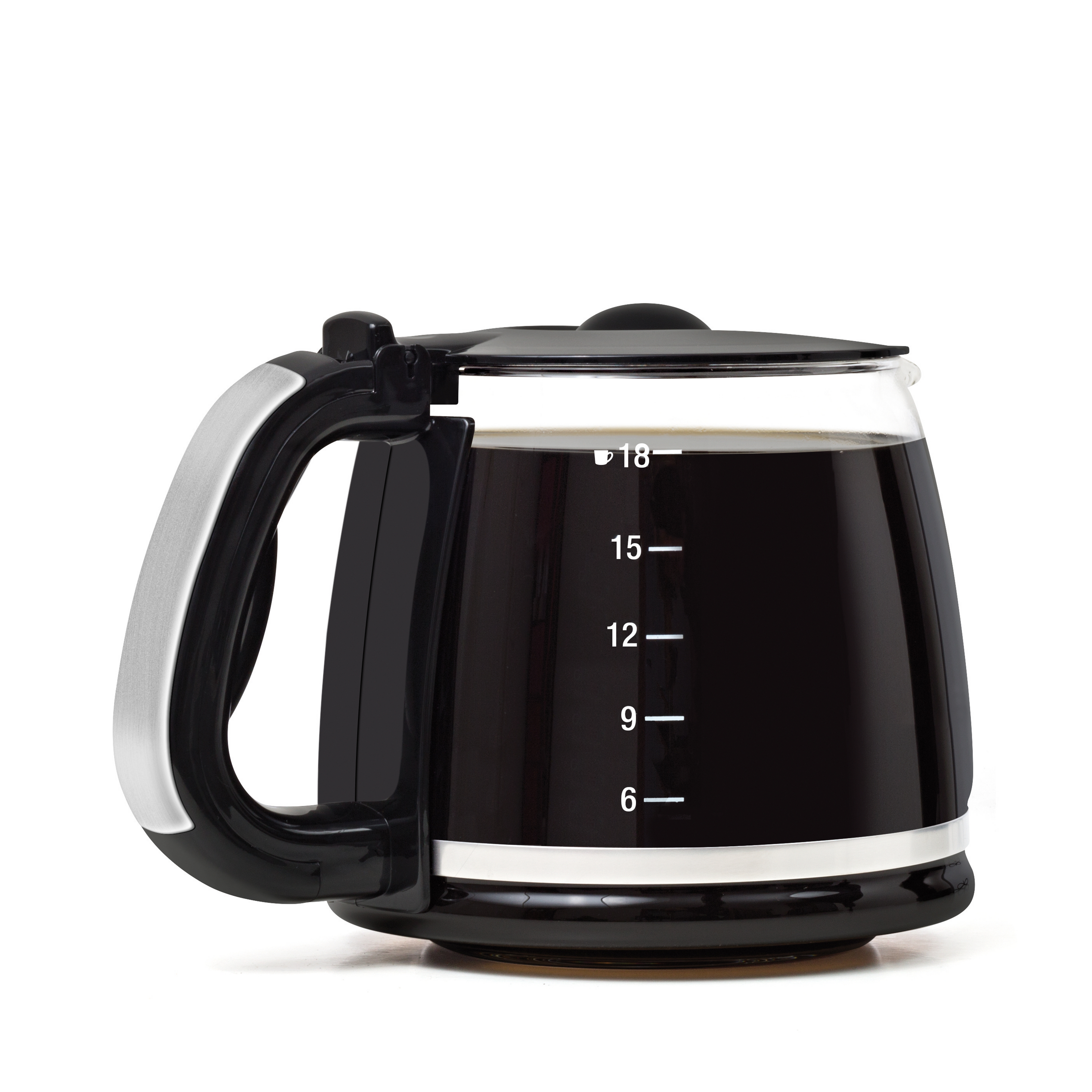 La riviera&bar Cafetière Filtre Inox BCF550 est une cafetière filtre noire et argentée avec une poignée, un bec verseur, et une fenêtre transparente montrant des marques de 6-18 tasses, sur un fond blanc.
