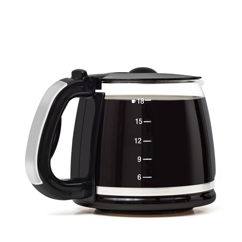 La riviera&bar Cafetière Filtre Inox BCF550 est une cafetière filtre noire et argentée avec une poignée, un bec verseur, et une fenêtre transparente montrant des marques de 6-18 tasses, sur un fond blanc.