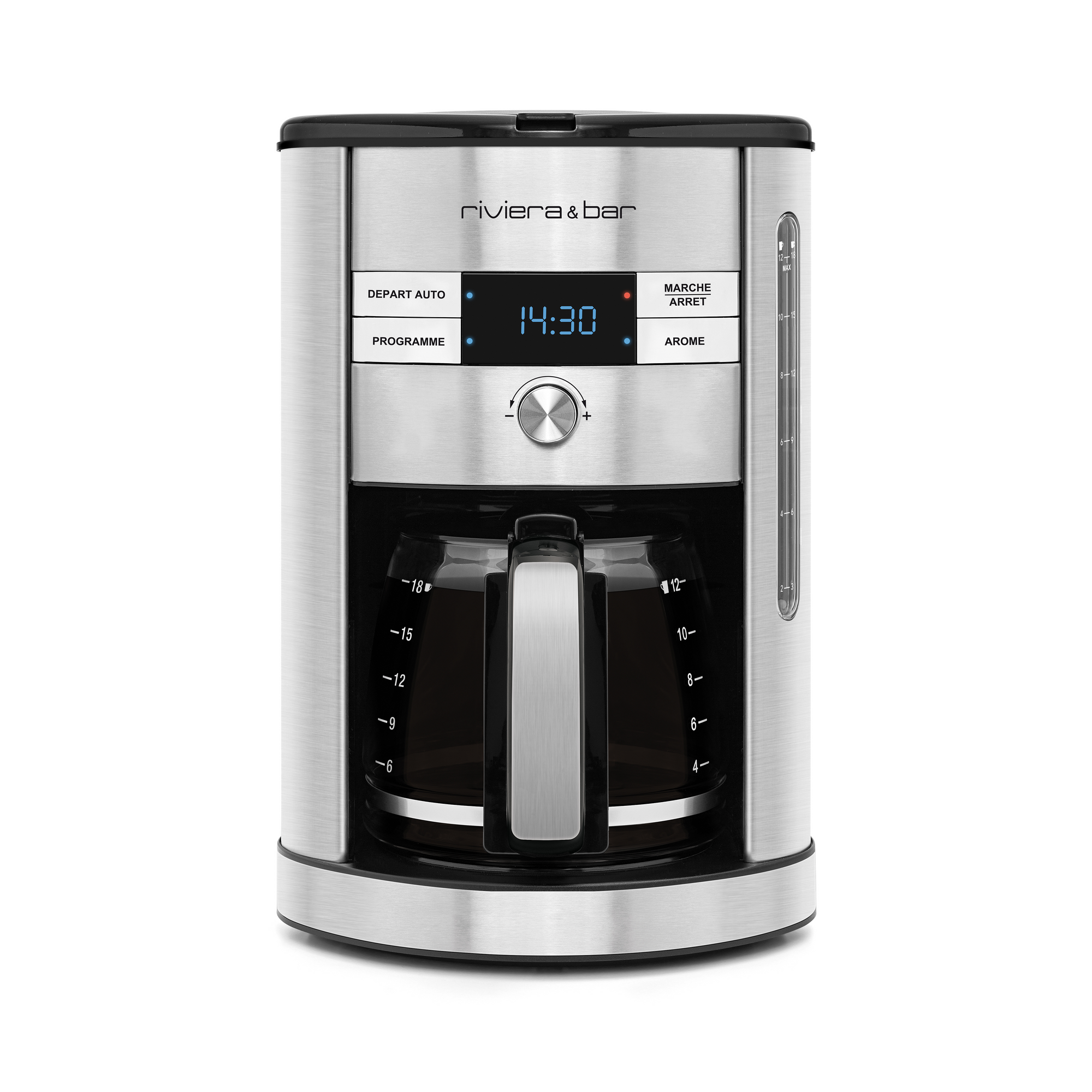 La riviera&bar Cafetière filtre | Inox | 1,8L dispose d'une horloge digitale réglée sur 14:30, de boutons conviviaux, et d'une carafe en verre avec les mesures de café. L'étiquette de la marque apparaît en haut de cette élégante cafetière digitale.