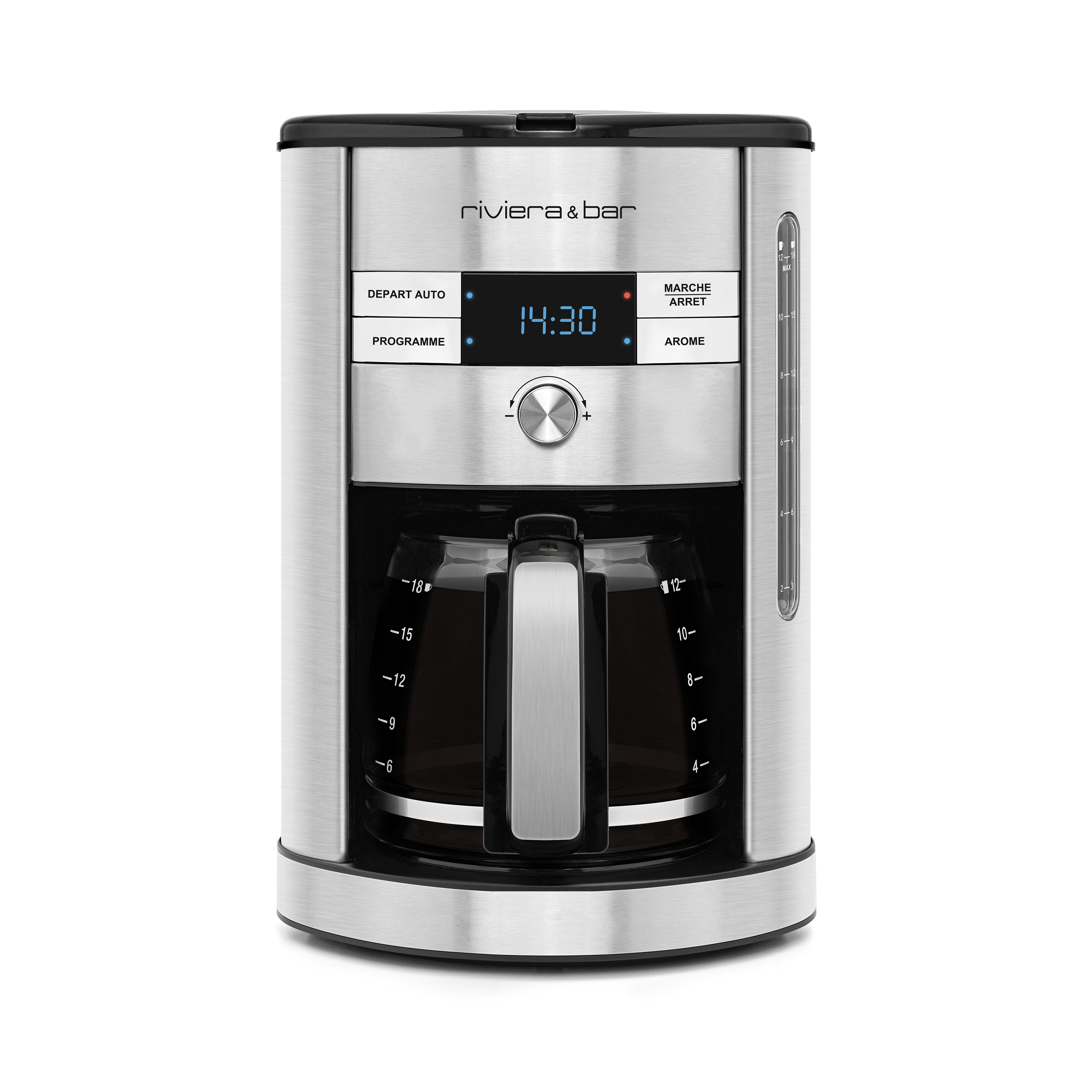 La riviera&bar Cafetière filtre | Inox | 1,8L dispose d'une horloge digitale réglée sur 14:30, de boutons conviviaux, et d'une carafe en verre avec les mesures de café. L'étiquette de la marque apparaît en haut de cette élégante cafetière digitale.