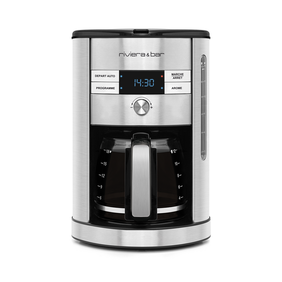 La Cafetière Filtre Inox BCF550 de riviera&bar dispose d'un écran digital affichant 14:30, de boutons de contrôle, et d'une carafe en verre avec des marques de mesure.