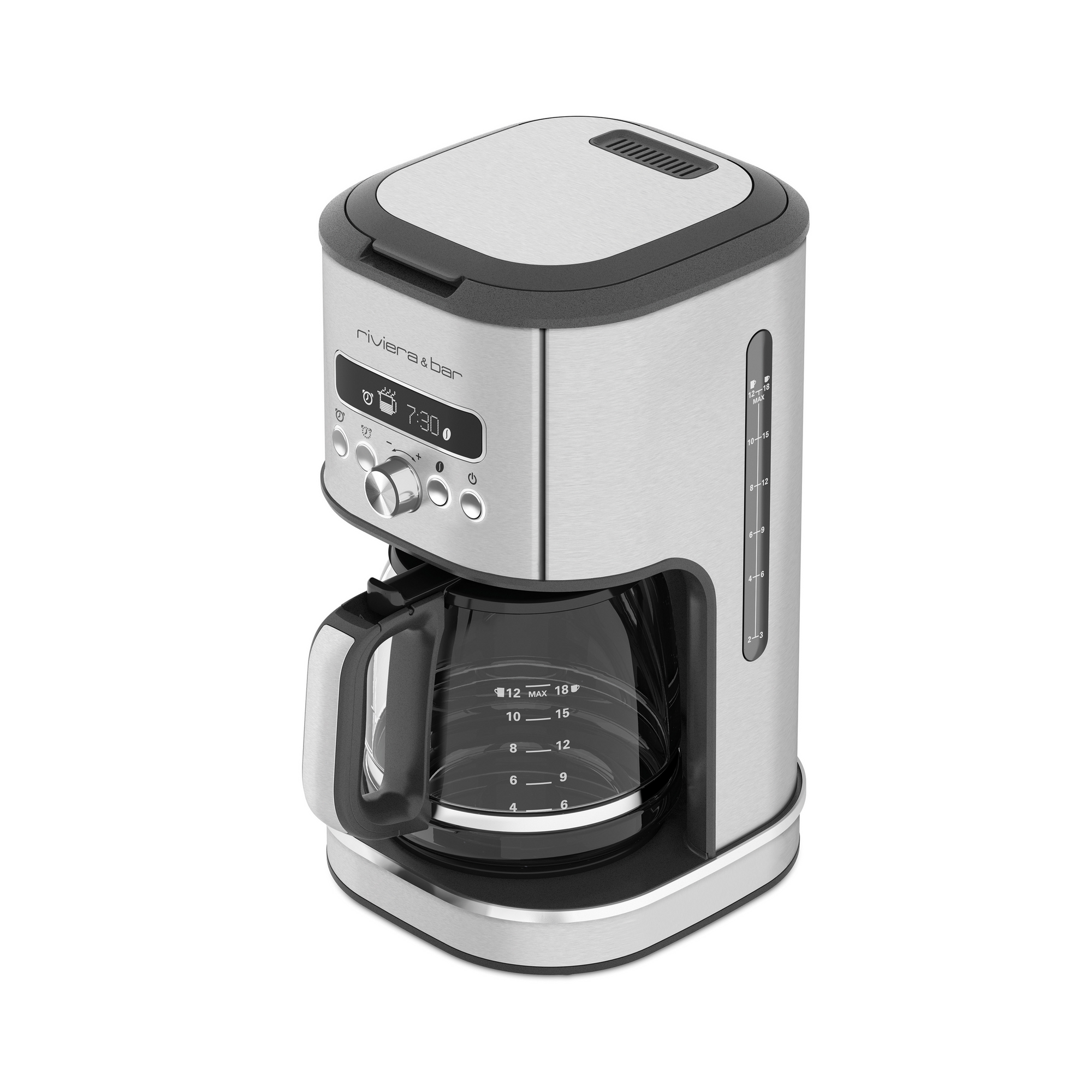 La riviera&bar Cafetière filtre prog. Inox 1,8L est une cafetière goutte à goutte élégante avec un écran digital, des boutons de contrôle, une carafe en verre avec des marques de mesure et un indicateur de niveau d'eau sur le côté.