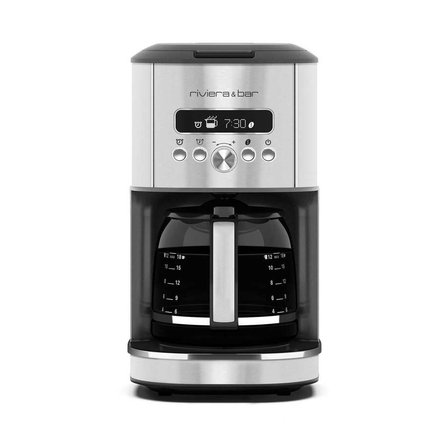 La riviera&bar Cafetière filtre programmable - 1,8 L - Inox dispose d'un écran digital (affichant 7:30), de boutons de contrôle, et d'une carafe en verre avec des marques de mesure, le tout sur un fond blanc.