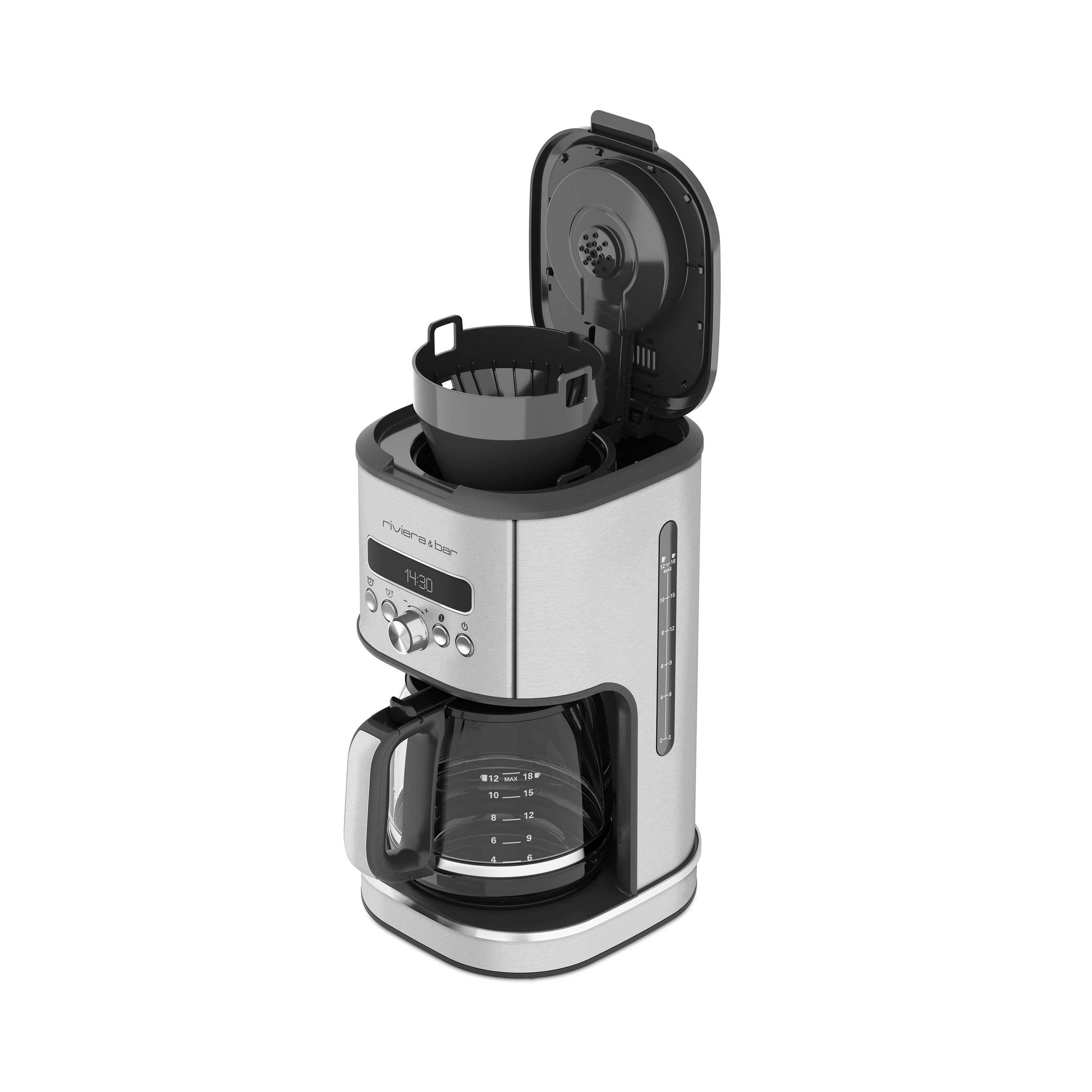 La riviera&bar Cafetière filtre programmable - 1,8 L - Inox présente un design argenté et noir avec un couvercle ouvert, révélant le panier filtre amovible, la carafe en verre de 1,8 L, le panneau de contrôle facile à utiliser, et l'indicateur de niveau d'eau visible.