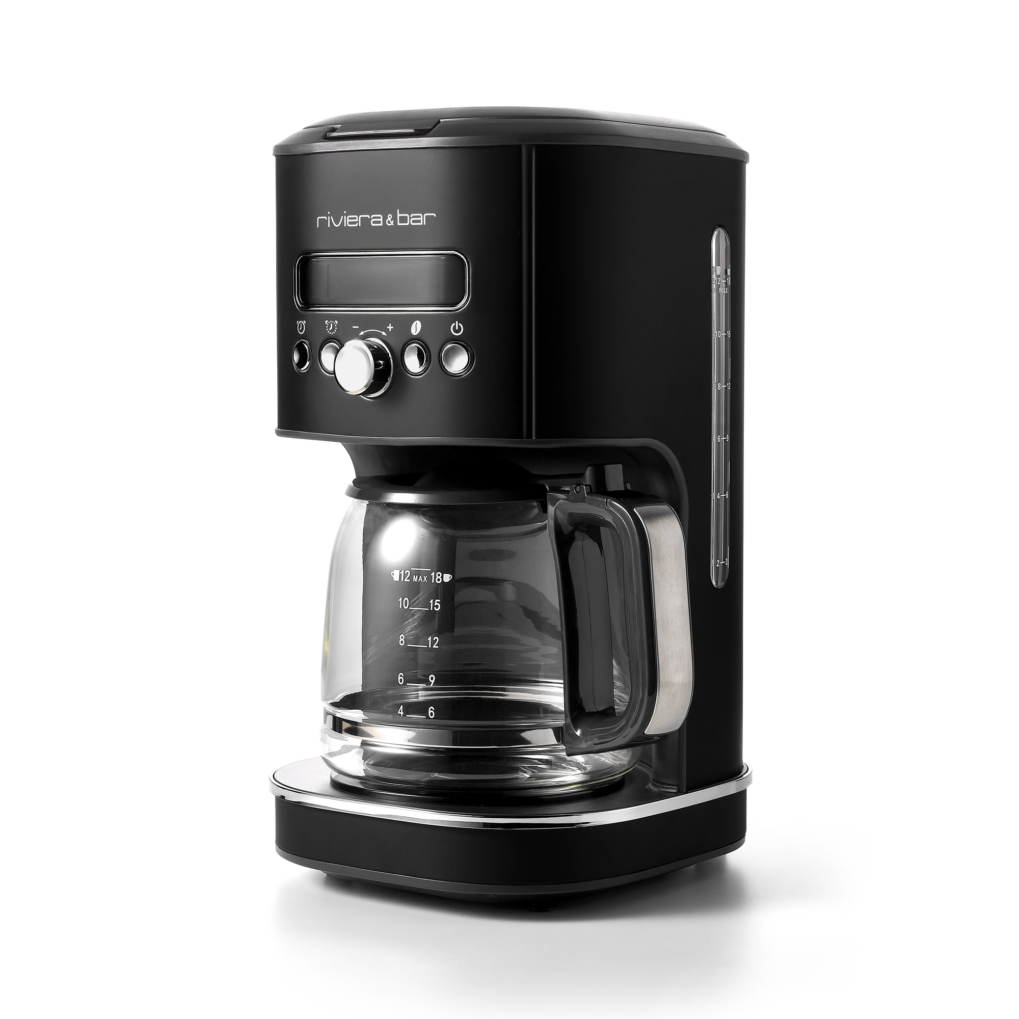 La riviera&bar Cafetière filtre prog. en Noir (1,8L) dispose d'une carafe en verre, de boutons de contrôle argentés, et d'un indicateur de niveau d'eau sur le côté, sur fond blanc.