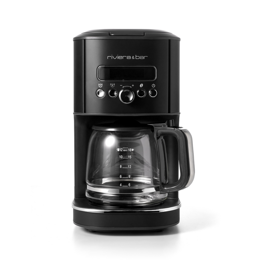 Une riviera&bar Cafetière filtre programmable - 1,8 L - Noir avec une carafe en verre, des boutons de contrôle, et un écran LCD est représentée sur un fond blanc.