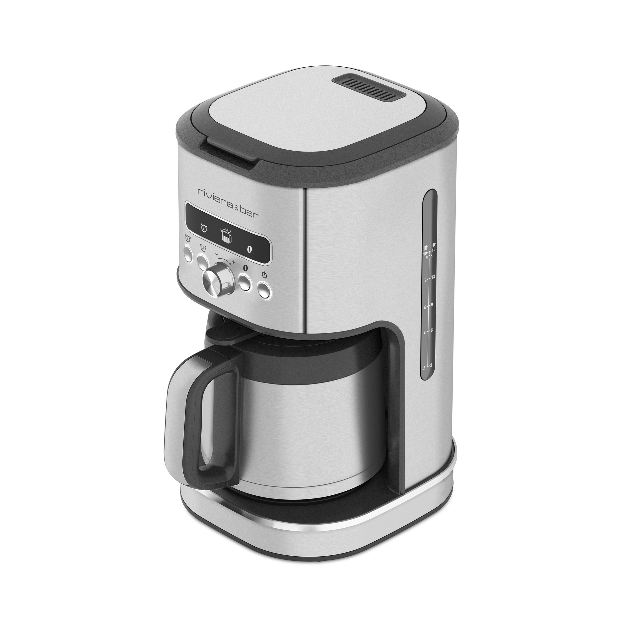 La riviera&bar Cafetière Filtre Inox Isotherme BCF 580 est une cafetière goutte à goutte en acier inoxydable avec un écran digital, des boutons de contrôle, un indicateur de niveau d'eau sur le côté, et une carafe en verre pour un café riche et aromatique, présentée sur un fond blanc.