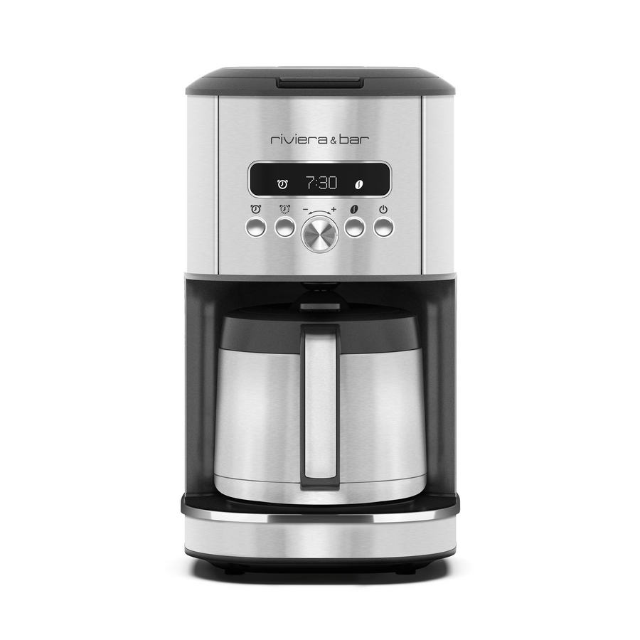 La cafetière filtre inox isotherme BCF 580 de riviera&bar possède un affichage digital à 7:30, des boutons multiples et une verseuse isotherme à poignée métallique, idéale pour préparer un café riche en arômes.