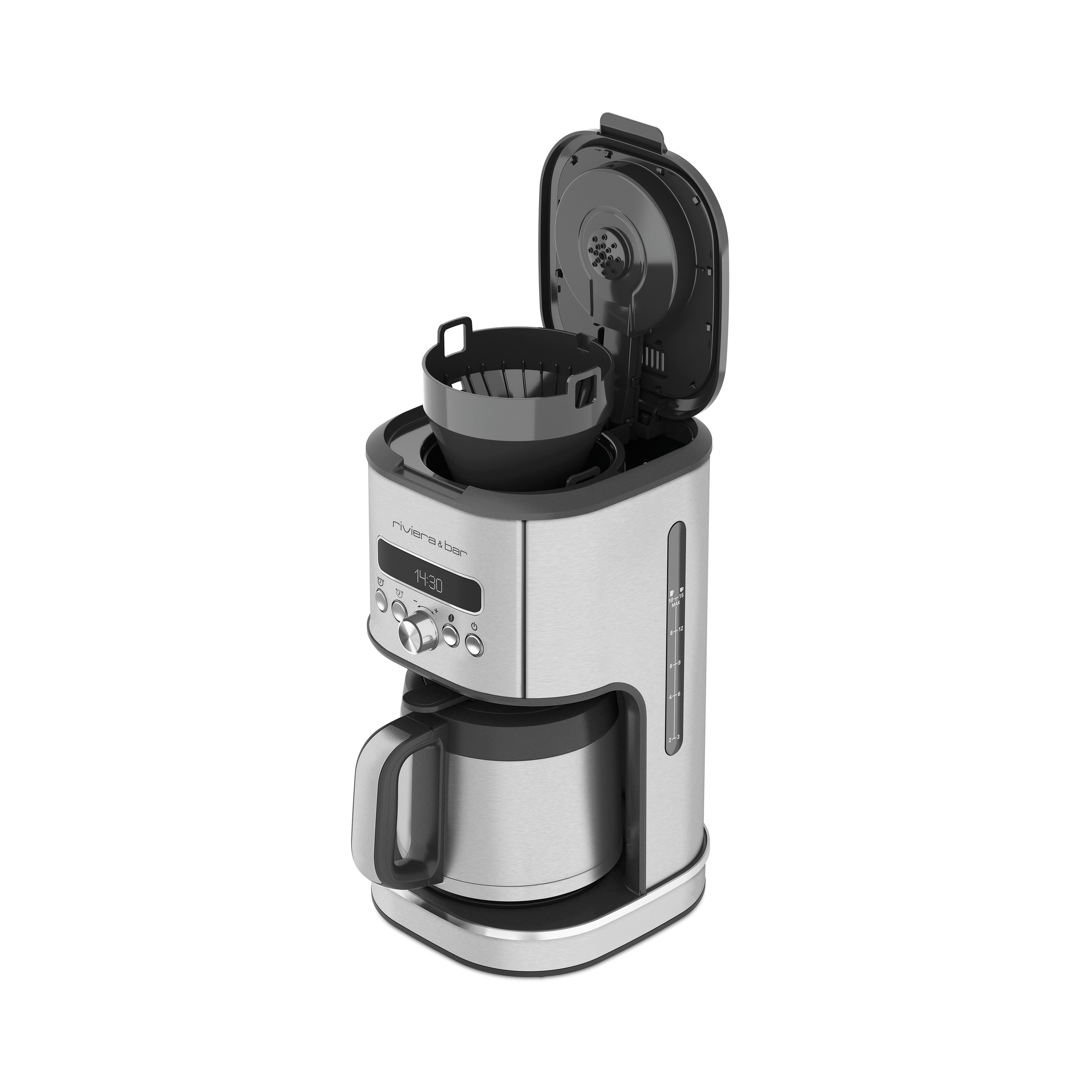 La Cafetière Filtre Inox Isotherme BCF 580 de riviera&bar présente un design argenté et noir avec un couvercle ouvert, une carafe en verre, des boutons de contrôle, un panier-filtre et un indicateur de niveau d'eau pour préparer un café riche et aromatique.