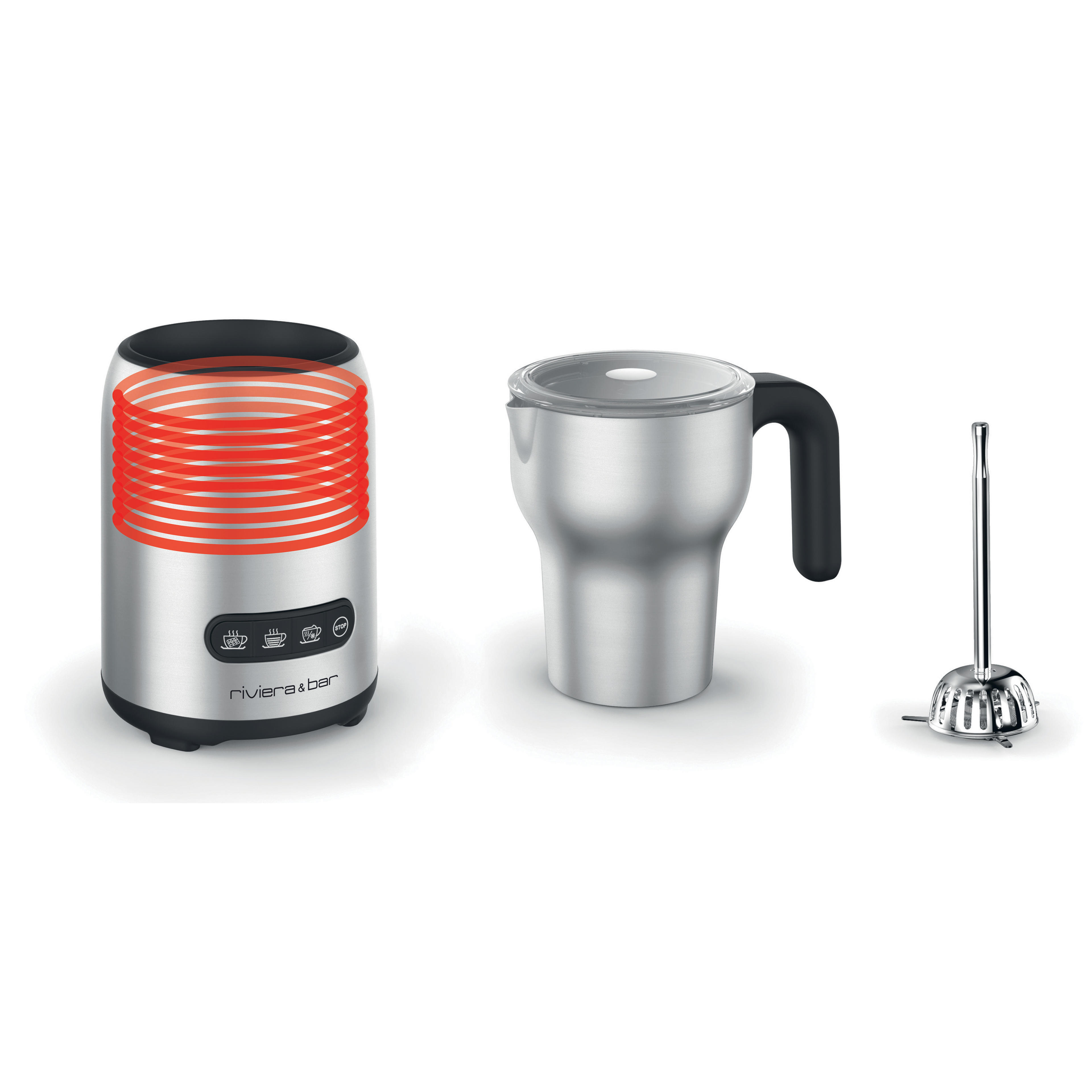 Le riviera&bar Chocolatière & Emulsionneur BCL 540 est un ensemble de mousseur à lait électrique en acier inoxydable avec une base chauffante, une tasse à mousse avec couvercle et un fouet en métal - idéal pour l'émulsion chaude ou le chocolat chaud mousseux - montré sur blanc.