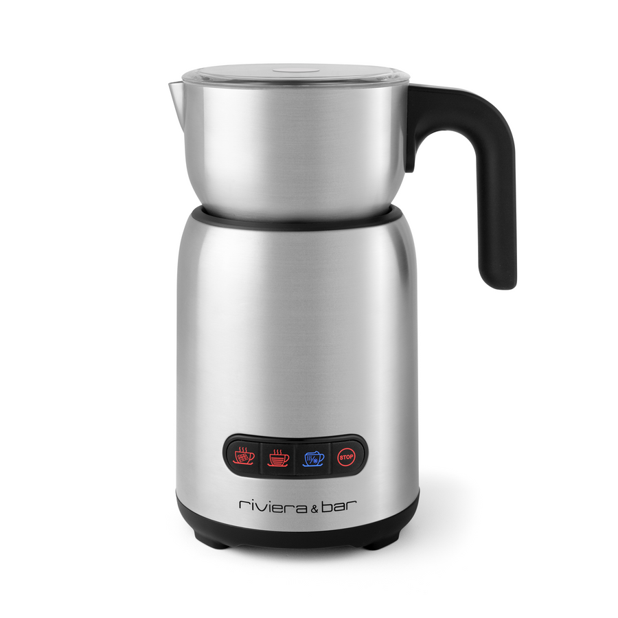 Le Chocolatière & Emulsionneur BCL 540 de riviera&bar est un mousseur à lait électrique en acier inoxydable avec une poignée et un couvercle noirs, doté de trois boutons tactiles éclairés pour le chauffage, le moussage et l'arrêt - idéal pour le chocolat chaud ou le lait aromatisé.